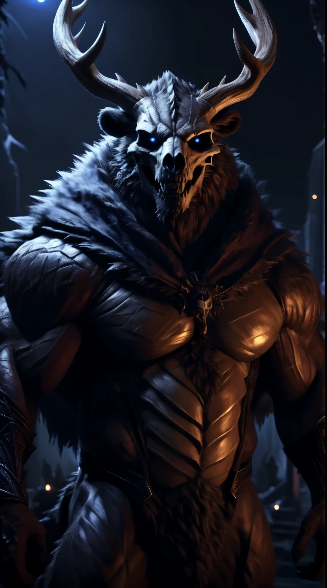 muscular monster, fur on body, scales on belly, dragon man, majestic fur mantle, wendigo skull, elk horns, giant, bear body, threatening, stands menacingly, wide body, illustration, (best quality, 4k, highres, masterpiece:1.2), ultra-detailed, realistic, horror, sharp focus, vivid colors, nighttime lighting,