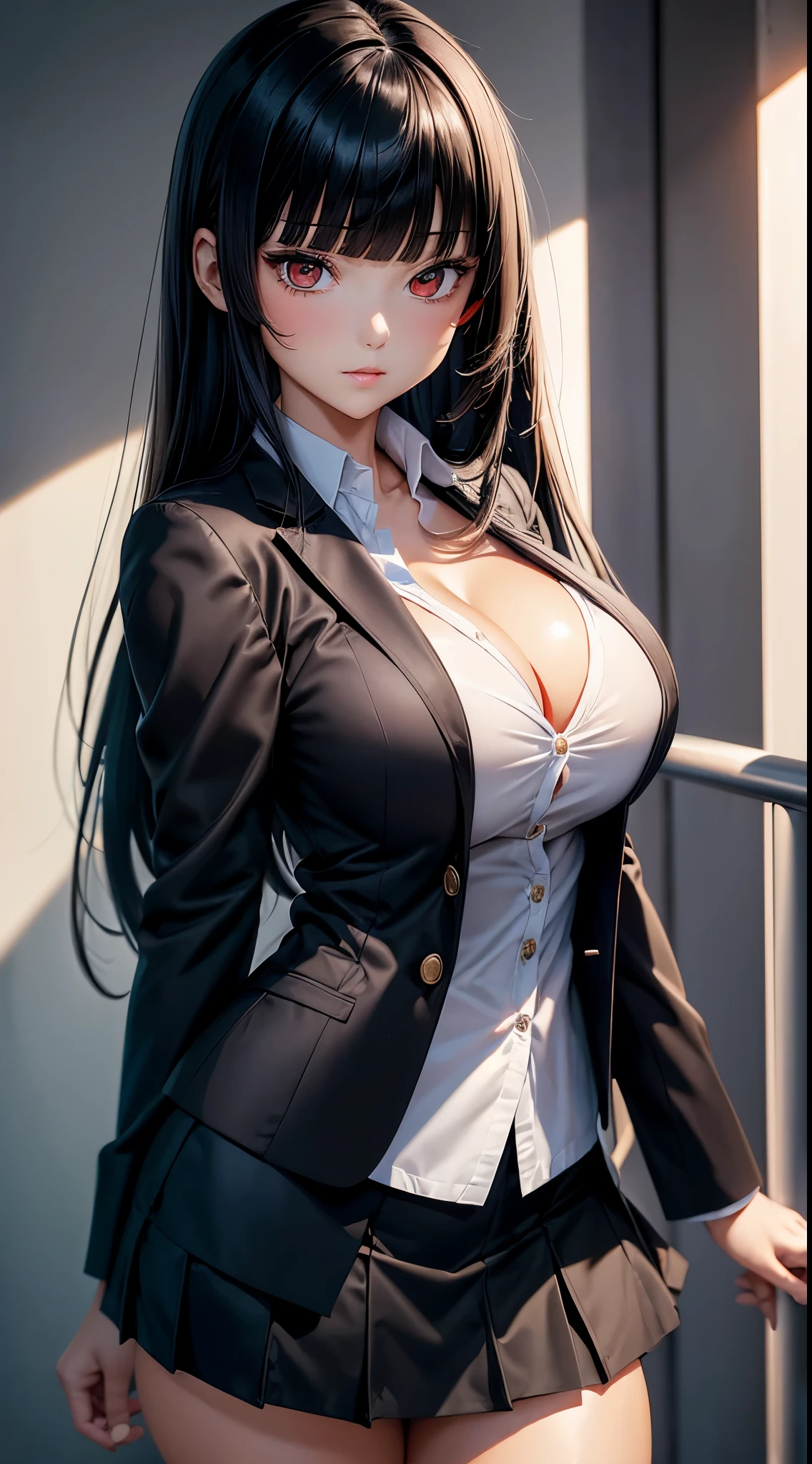 ((Best Quality)), ((masutepiece)), (Detailed), (highlight), Perfect face Young girl with detailed face showing cleavage、Red eyes and long, thick, glossy, beautiful black hair with blunt bangs、Single-color background、Standing wearing school uniform with blazer and miniskirt、