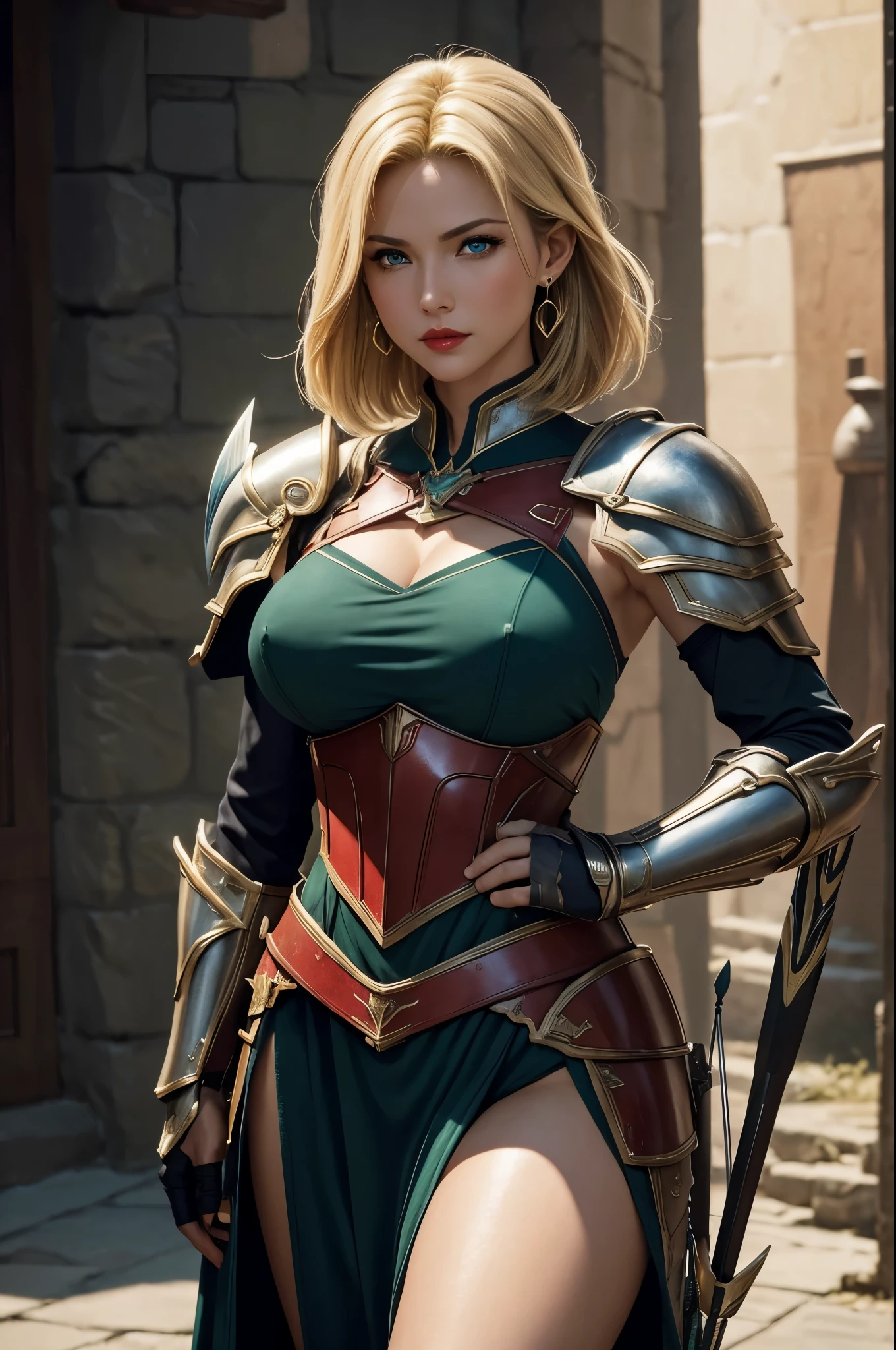 8K,(masutepiece, Best Quality) Lelianada, mature woman in her 30s, Solo,Super beauty(Like the real thing) large full breasts, real looking skin,Looking at Viewer, Short hair, Blonde hair, cleavage, Jewelry, large full breasts, Upper body Full body, arma, earrings, armor, Hair over one eye, Green eyes, red-lips, shoulder armor, Realistic, arrow \(projectile\), Shoulder pads, arrow筒.超A high resolution,Masterpiece,A hyper-realistic,Fantasyart,character art,cinestill 800,alluring glance,A sexy,A sexyな笑顔,Blue eyes,film still,