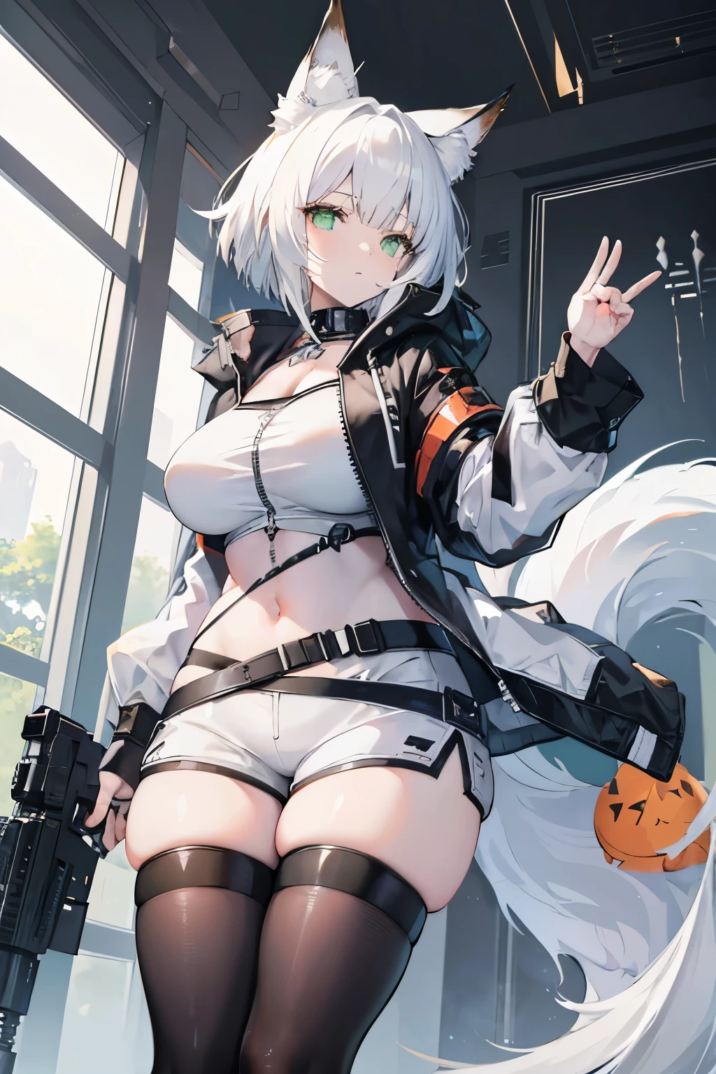 Arknights art style, arknights world,cat girl,cat ears,fluffy fox tail,short hair,white hair,green eyes,big breast,thick thighs,busty body,wearing a white ornage unzipped jacket,white t shirt,black shorts,holding a rifle