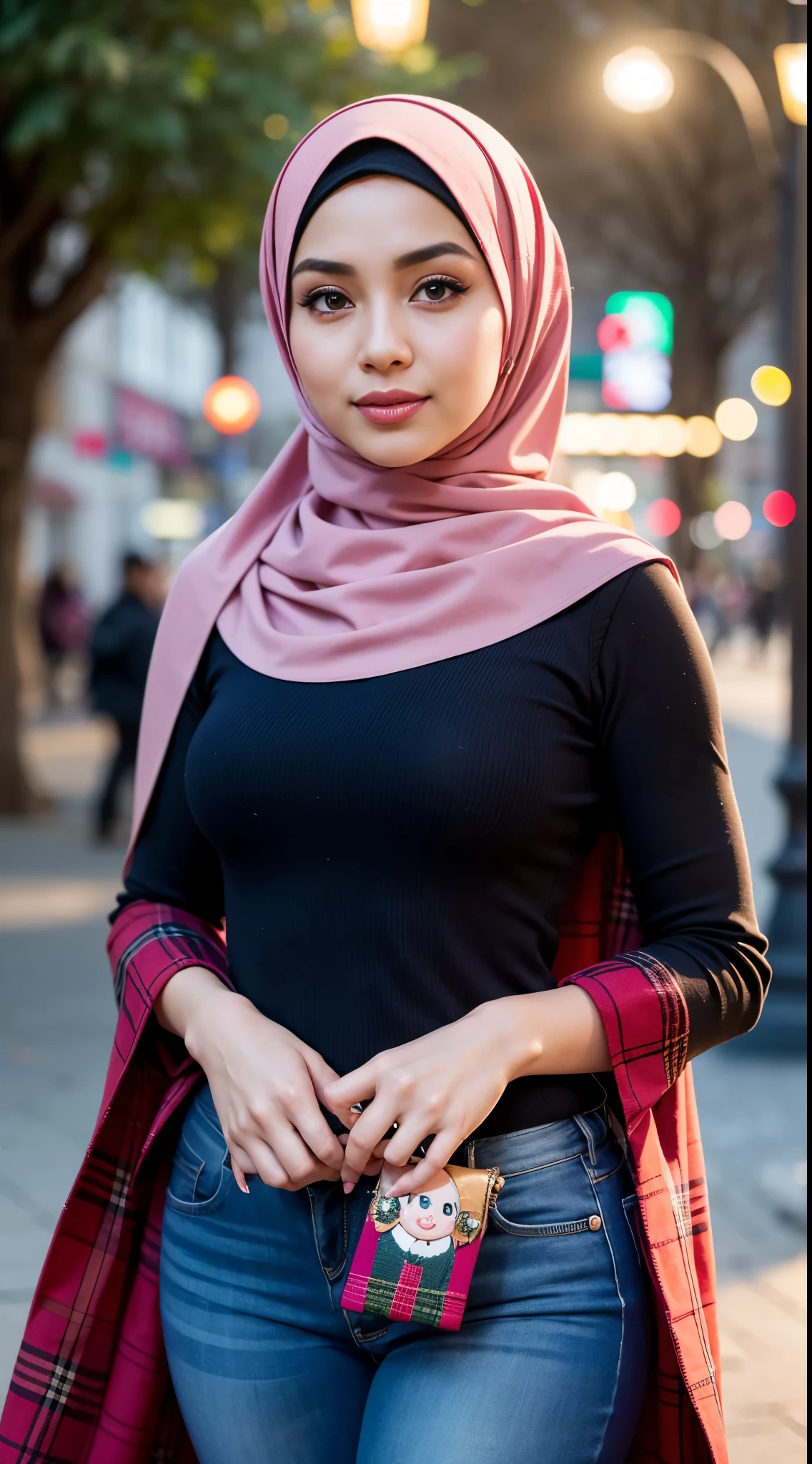 (Close up), RAW, Best quality, high resolution, masterpiece: 1.3), beautiful Malay woman in hijab, Masterpiece, perfect body, Big breasts, thick thighs, beautiful big eyes, mole under the eyes, long eyelashes, big eyes, Soft smile, woman in a pink hijab and jeans stands in a city garden, detailed picture, tartan garment, h 576, long tunic, h 7 0 4, hijab, islamic, e621, doruk erdem, femme, tunic, women full body, checkered motiffs, modern casual clothing, chequered cape, full body picture, illustrious clothes Soft turtleneck, evening walk, City park, Great lighting, Bright colors, Clean lines