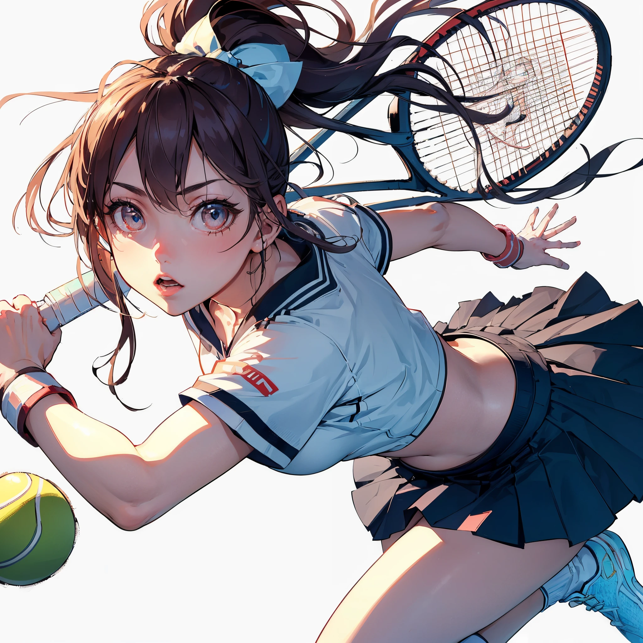 (Best Quality, masutepiece),ultra detailed photographic,1girl in, Female tennis athlete ,fluttering skirt,Large breasts,nice legs,At the tennis venue,Detailed beautiful face,Beautiful eyes,detailed hairs,detailed  clothes,Detailed realistic skin,Cool,Dynamic Angle,