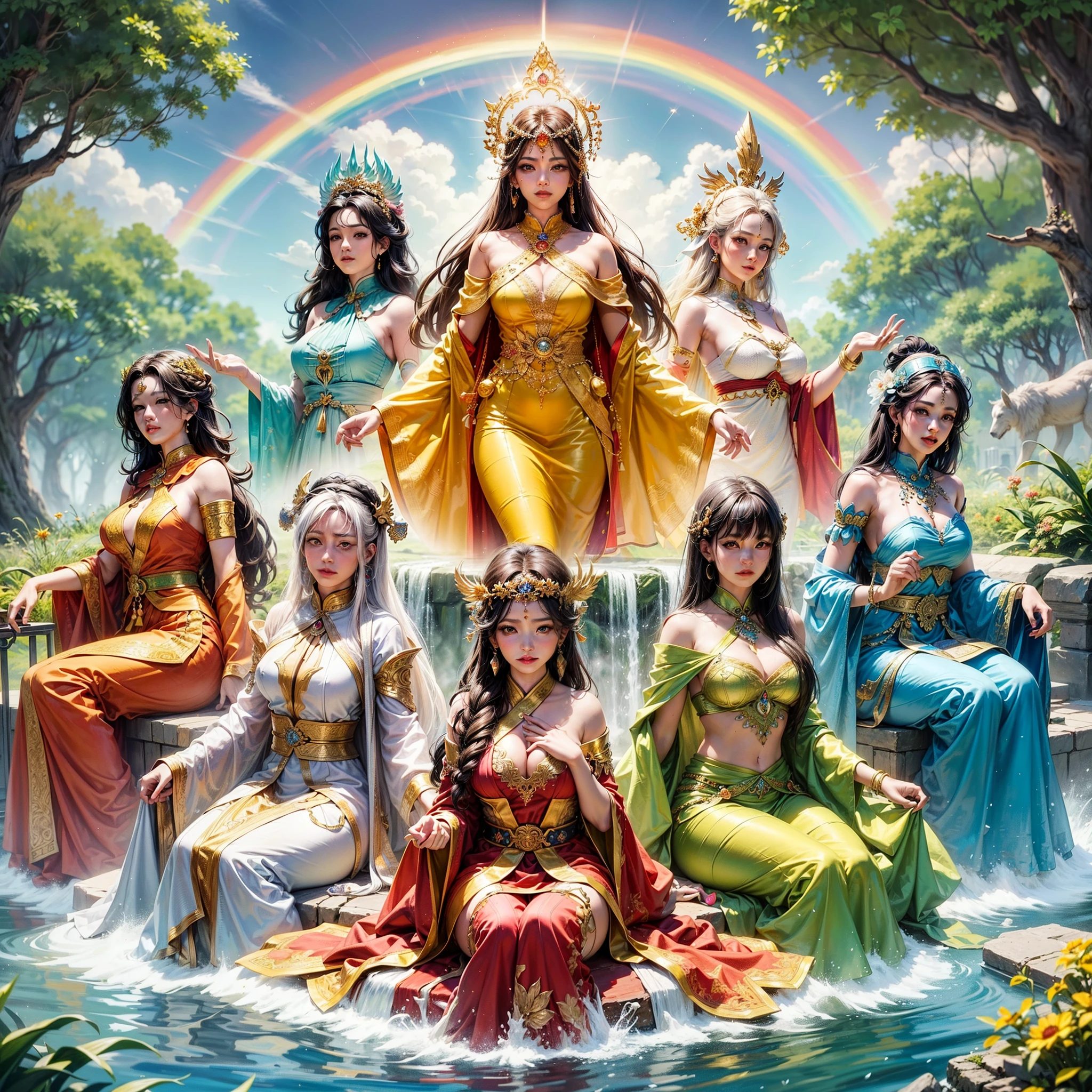 a group of women with gigantic breast in colorful dresses sitting on a waterfall,show cleaveage, earth goddess mythology, javanese mythology, goddess of love and peace, goddess art, indian goddess of wealth, godesses, !5 three eyed goddesses, divine goddess, colorfull digital fantasy art, chinese mythology, goddess of nature, godess, goddess portrait, goddess of wisdom, rainbow, beautiful goddess,  masterpiece, best quality:1.2),,(8k,highres,RAW photo,realistic,photo-realistic:1.3),(detailed skin texture,detailed cloth texture,beautiful detailed face:1.25),professional lighting,photon mapping,beautiful soft light,radiosity,physically-based rendering,raytracing, model shoot style, model shoot style, (extremely detailed CG unity 8k wallpaper), full shot body photo of the most beautiful artwork in the world,