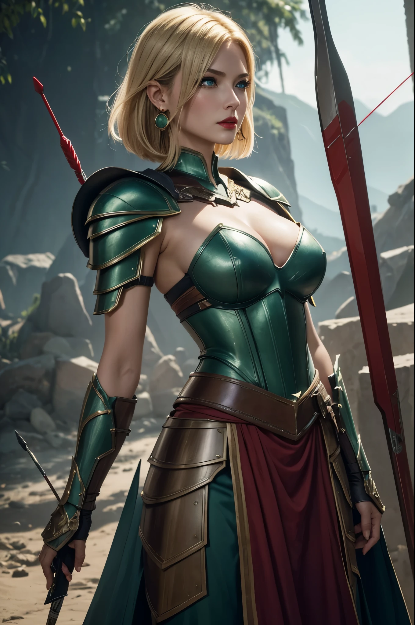 8K,(masutepiece, Best Quality) Lelianada, mature woman in her 30s, Solo,Super beauty(Like the real thing) large full breasts, real looking skin,Looking at Viewer, Short hair, Blonde hair, cleavage, Jewelry, large full breasts, Upper body Full body, arma, earrings, armor, Hair over one eye, Green eyes, red-lips, shoulder armor, Realistic, arrow \(projectile\), Shoulder pads, arrow筒.超A high resolution,Masterpiece,A hyper-realistic,Fantasyart,character art,cinestill 800,alluring glance,A sexy,A sexyな笑顔,Blue eyes,film still,