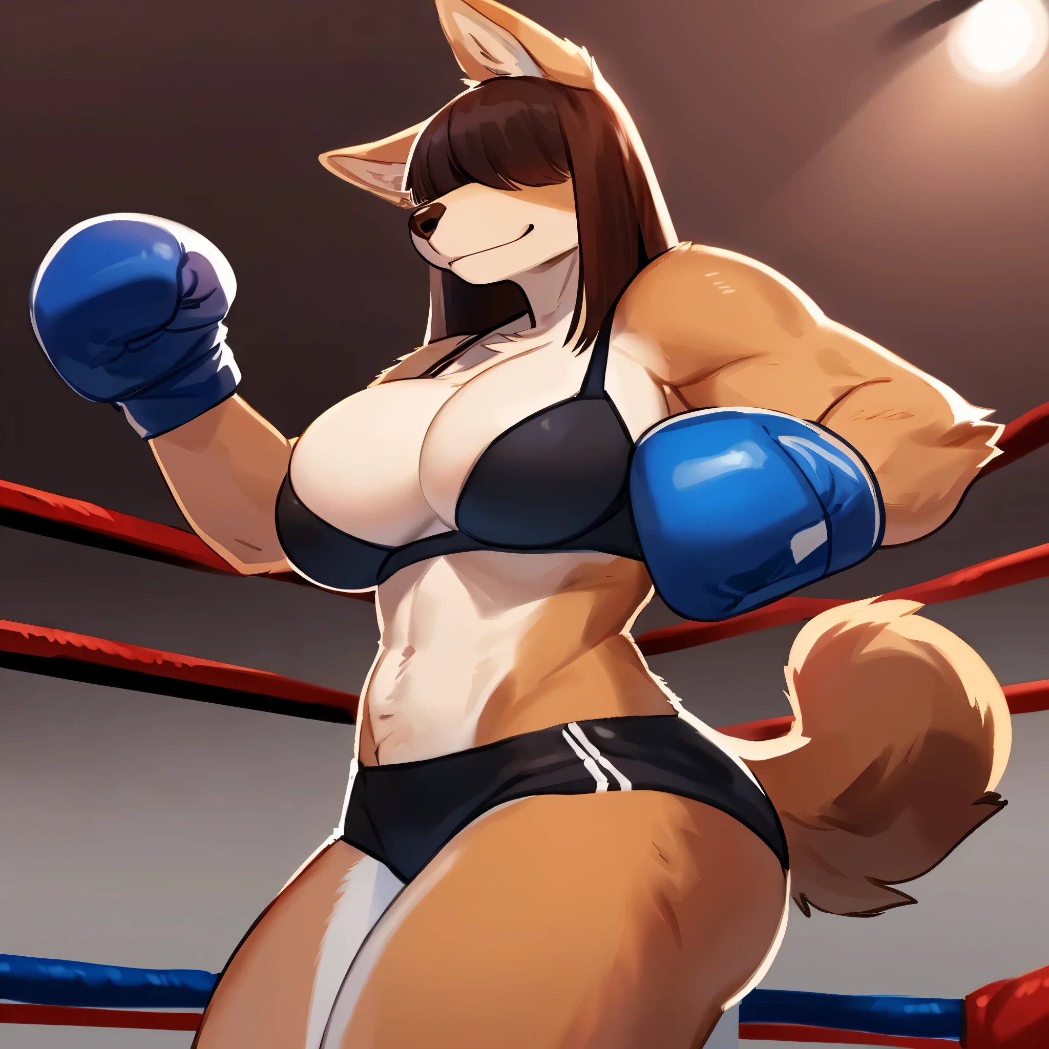 By bebebebebe, by lostgoose, by goonie-san, female, ((canine, snout, hair covering eyes, straight hair, medium hair, flat hair, ears, thin snout)), brown fur, big poofy tail, raised tail, dark maroon hair, (muscular, big breasts), solo, smirking, standing, facing viewer, boxing gloves, fighting stance, boxing ring, bra, gym shorts, dramatic lighting, menacing, fists raised, about to punch viewer, gritty setting, brick walls