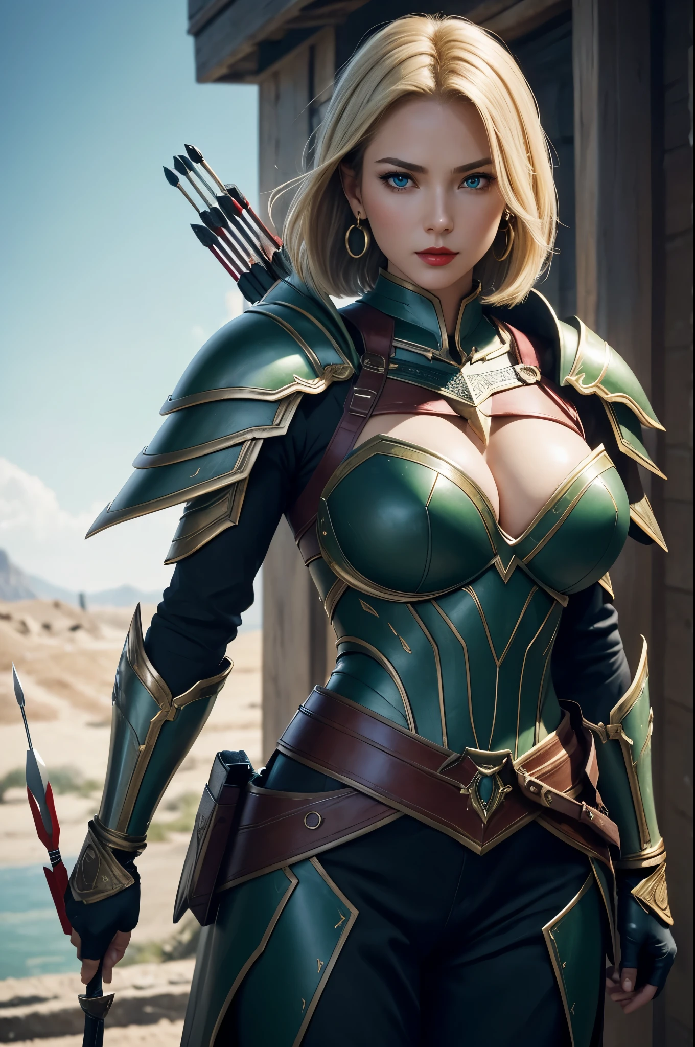 8K,(masutepiece, Best Quality) Lelianada, mature woman in her 30s, Solo,Super beauty(Like the real thing) large full breasts, real looking skin,Looking at Viewer, Short hair, Blonde hair, cleavage, Jewelry, large full breasts, Upper body Full body, arma, earrings, armor, Hair over one eye, Green eyes, red-lips, shoulder armor, Realistic, arrow \(projectile\), Shoulder pads, arrow筒.超A high resolution,Masterpiece,A hyper-realistic,Fantasyart,character art,cinestill 800,alluring glance,A sexy,A sexyな笑顔,Blue eyes,film still,