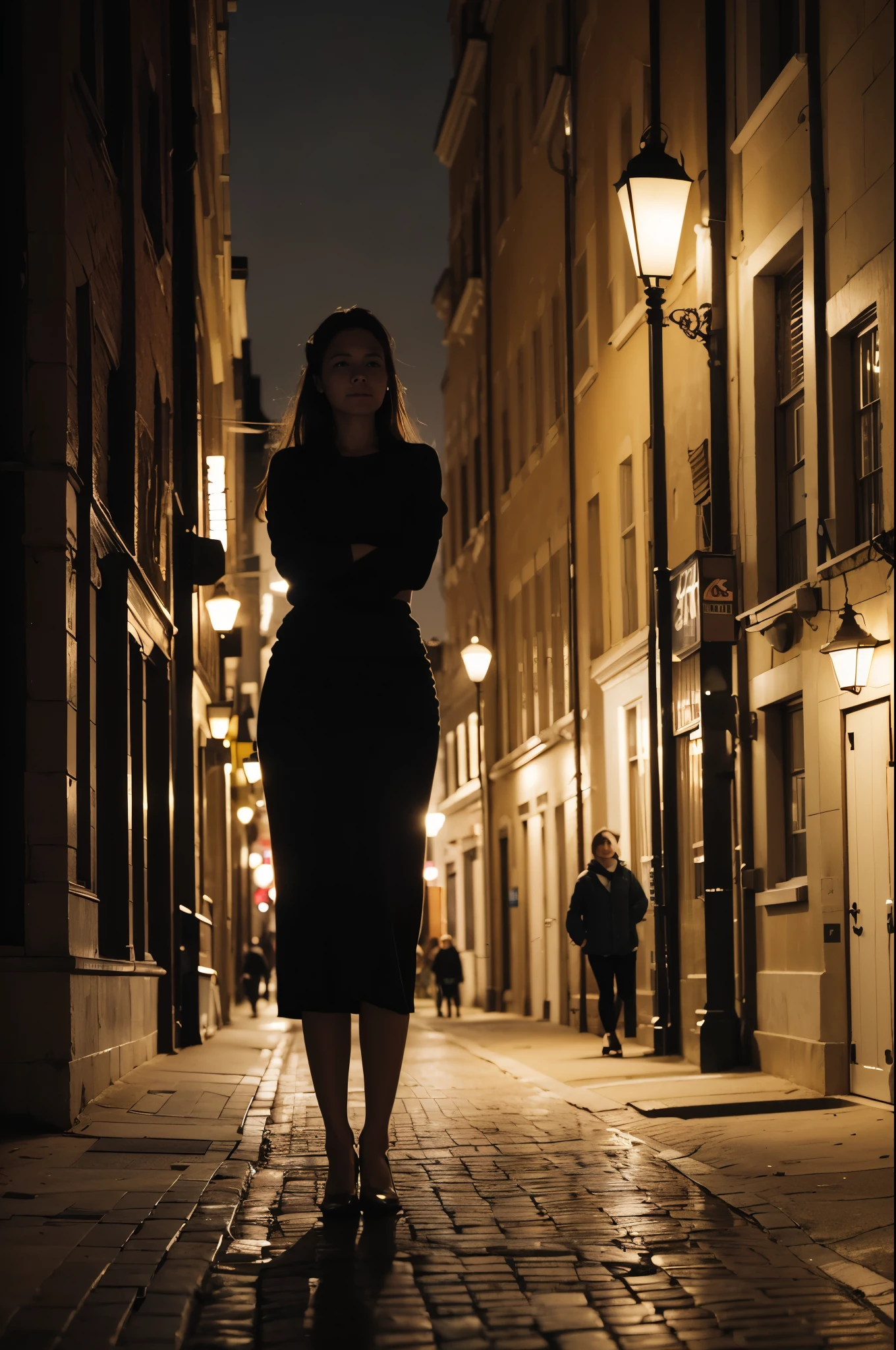 A poorly lit night photo of a woman outside in the city at night