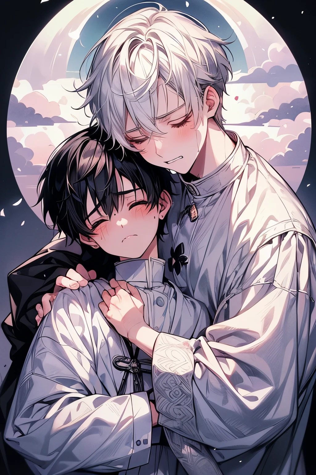 (masutepiece), (Best Quality), Highly detailed, Two boys, focus,Perfect face, Beautiful face, extra detailed face,(black-haired boy and white-haired boy:1.3),(Sad face:1.4),(close your eyes and laugh:1.3),(white clothes:1.4),(moonlight:1.3),Petals flutter,tears
