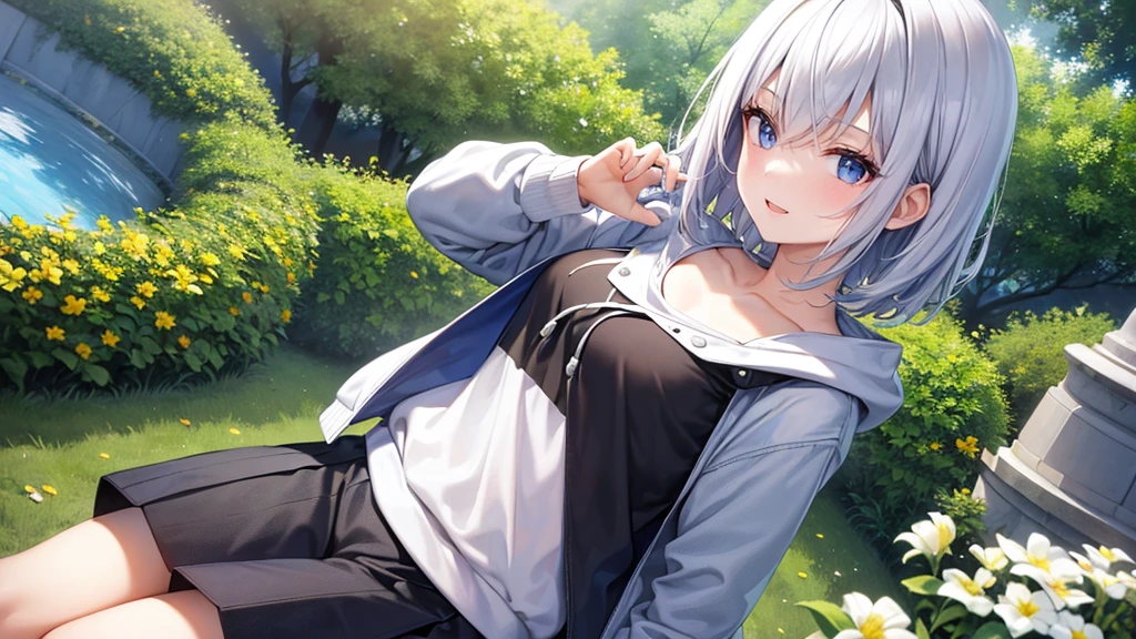 super high quality, with a girl, 20-year-old, very short hair, long bangs between the eyes, pale blue eyes , blue sky, sunlight, very detailed,(masterpiece、highest quality)、alone、gray hair、laughter、White skin as clear as snow、fantasy, silver hair, black eye, beautiful eyes,, ecstasy, charm, be smitten with audience, landscape shorts、white hoodie、Hoodie with open front、black shirt、fountain in the forest、flower garden