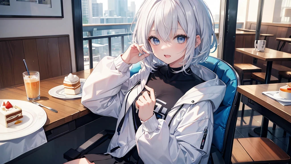 Ultra-high image quality,Look at viewers, hands behind back, girl with, 20 years old, Very short hair, long bangs between eyes, blue eyess,Black eyes, Hoodie, Skirt , Extremely detailed,(​masterpiece、top-quality),White hair、A smile、Fantastical, Silver hair,,  Hoodie, White hoodie,a black skirt,Hair is short,White jacket, Casual style,Open jacket, , look down from above、open open mouth、5 fingers、sit a chair、Dining at the café、eating cakes、collarbone visible