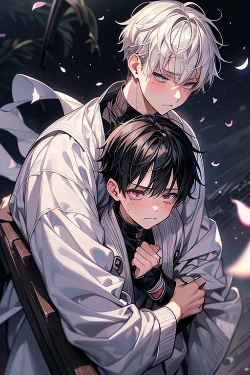 (masutepiece), (Best Quality), Highly detailed, Two boys, focus,Perfect face, Beautiful face, extra detailed face,(black-haired boy and white-haired boy:1.3),(Sad face:1.4),(The wind blows:1.3),(white clothes:1.4),(moonlight:1.3),Petals flutter,tears
