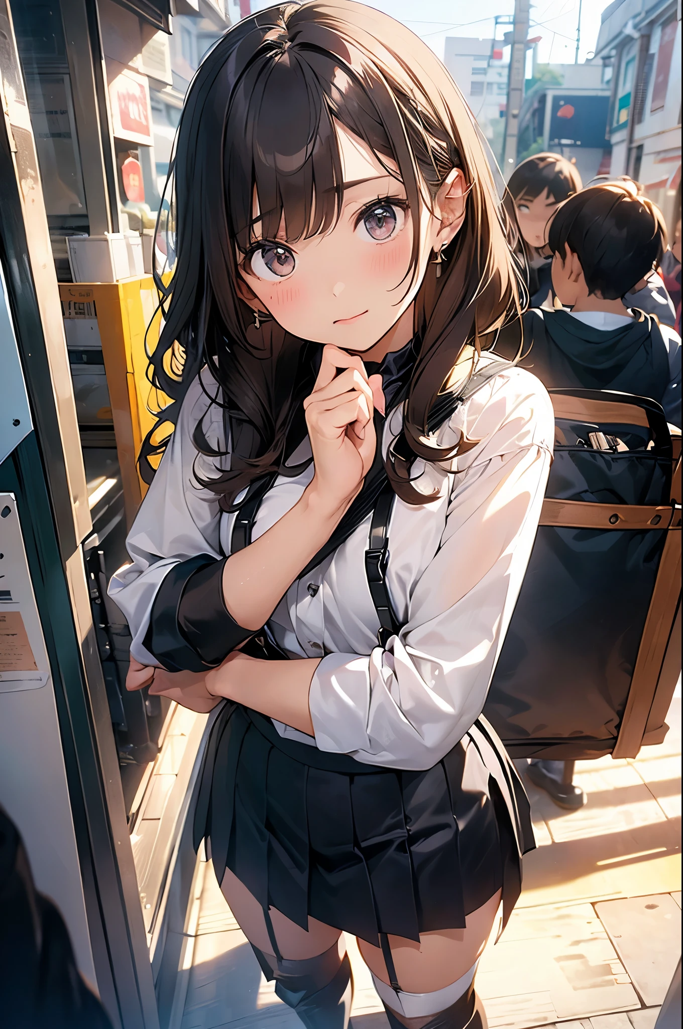 (Official Art、highest quality、unity 8k wallpaper、32k、masterpiece、Very detailed、超High resolution、Realistic、Photorealistic:1.2)、(Cinema Lighting:1.2)、Fire glow effect、Film Grain、Best Shadow、Rim Light、Side light、(Highly detailed and complex 3D rendering)、Background like Makoto Shinkai、Beautiful face and eyes in every detail、(Beautiful and sharp pupils, High resolution、highest quality, 超High resolution, Maximum resolution, Very detailed, Professional Lighting, Beautiful Skin, 28-year-old female、very pretty、、high school girl、smartphone、school bag、(((mini skirt、in the train、Sit on a chair、Crossing your legs、、computer、Light Hair Color、neat bangs、bangs、dull bangs、((Squint your eyes、Smile、smile、Contempt、Provocative attitude))、Crowded train、Someone is sitting next to the girl、Angle from below、(((Ultra low angle、Face to face、front)))、(((Precision anatomy、Correct and accurate limb count、Correct and accurate finger count)))
