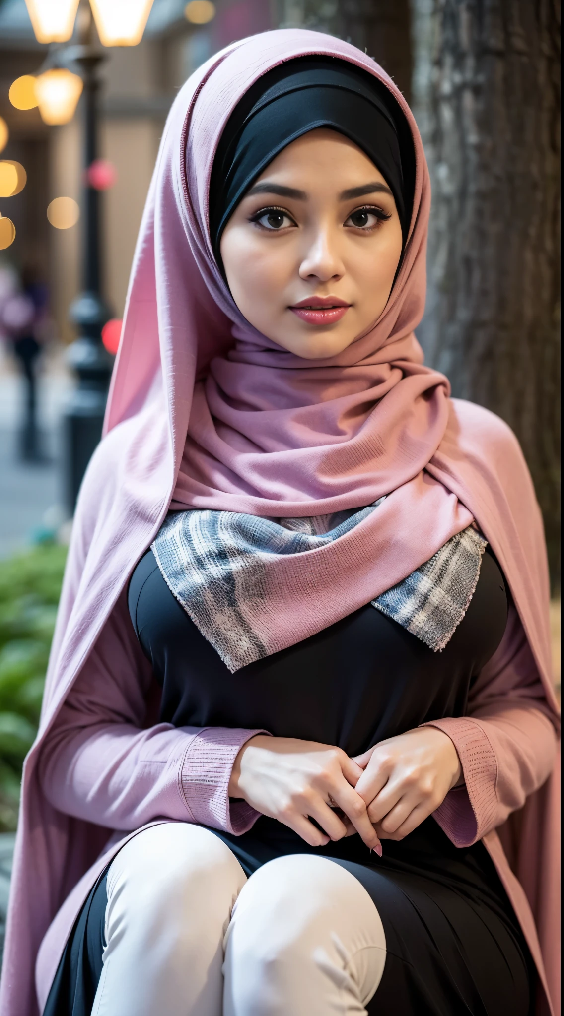 (Close up), RAW, Best quality, high resolution, masterpiece: 1.3), beautiful Malay woman in hijab, Masterpiece, perfect body, Big breasts, thick thighs, beautiful big eyes, mole under the eyes, long eyelashes, big eyes, Soft smile, woman in a pink hijab and jeans stands in a city garden, detailed picture, tartan garment, h 576, long tunic, h 7 0 4, hijab, islamic, e621, doruk erdem, femme, tunic, women full body, checkered motiffs, modern casual clothing, chequered cape, full body picture, illustrious clothes  Soft turtleneck, evening walk, City park, Great lighting, Bright colors, Clean lines