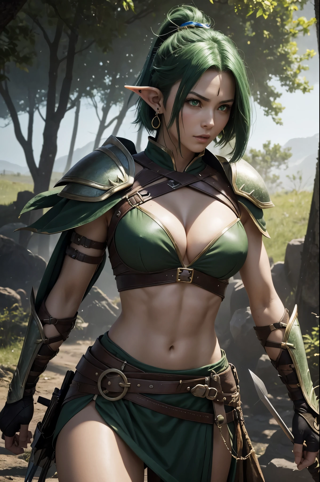 8K,Elven hunters,(masutepiece, Best Quality) Lelianada, mature woman in her 30s, Solo,Super beauty(Like the real thing) large full breasts リアルな肌,Looking at Viewer, Short hair, green mohawk hair, cleavage, Jewelry, large full breasts,Upper body, whole body,arma,earrings,armor,Hair over one eye,Green eyes,long elf ears,shoulder armor,Realistic,arrow\(projectile\), Shoulder pads, arrow筒を背負う.超A high resolution,Masterpiece,A hyper-realistic,Fantasyart,curacter art,cinestill 800,alluring glance,A sexy,a closeup,combat scene,action scene,actionpose,Rugged look,Glaring at the viewer,A sexyな衣装,Slender and muscular body,Split abs,long thin muscular legs,