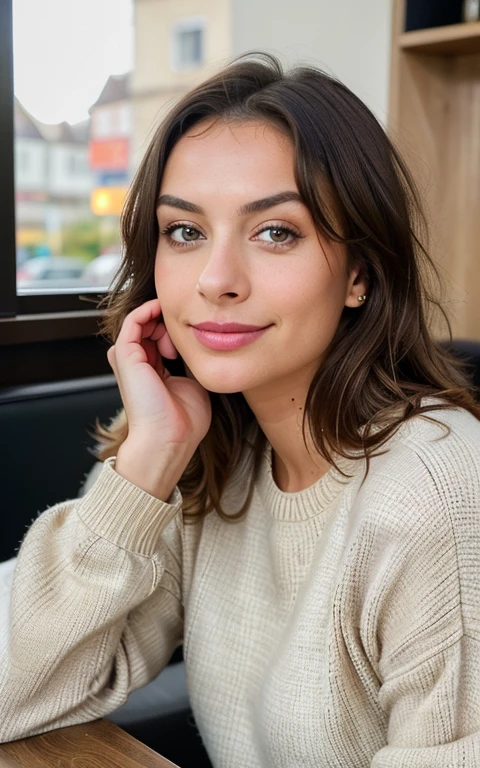 Beautiful brunette with blonde highlights in a beige sweater (drinking Södery in a café, detailliert, 22 Jahre, Unschuldiges Gesicht, schokoladenbraunes, gewelltes Haar, green eyes, high resolution, Meisterwerk, best quality, Komplizierte hohe Detailgenauigkeit, sehr detailliert, Scharfer Fokus, Detaillierter Skin, realistic skin Textur, Textur, Detaillierte Augen, Professionell, 4K, charming smile, Schmolllippen, gefilmt auf Canon, 85 mm, light depth of field, Kodak Vision Farbe, Perfectly fitting body, Extrem detailliert, Fotografier_\(Ultra\), fotoreallistisch, Realistisch, Nachbearbeitung, Maximale Details, Rauhigkeit, wirkliches Leben, Ultra realist, Fotorealismus, Fotografie, 8K UHD, Fotografie