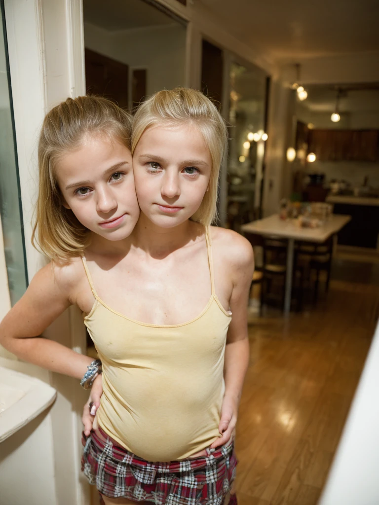 2heads, two headed girl, (a girl and a 12 year old (a blonde and a brunette:1.3), (uncomfortable and annoyed:1.3), pregnant