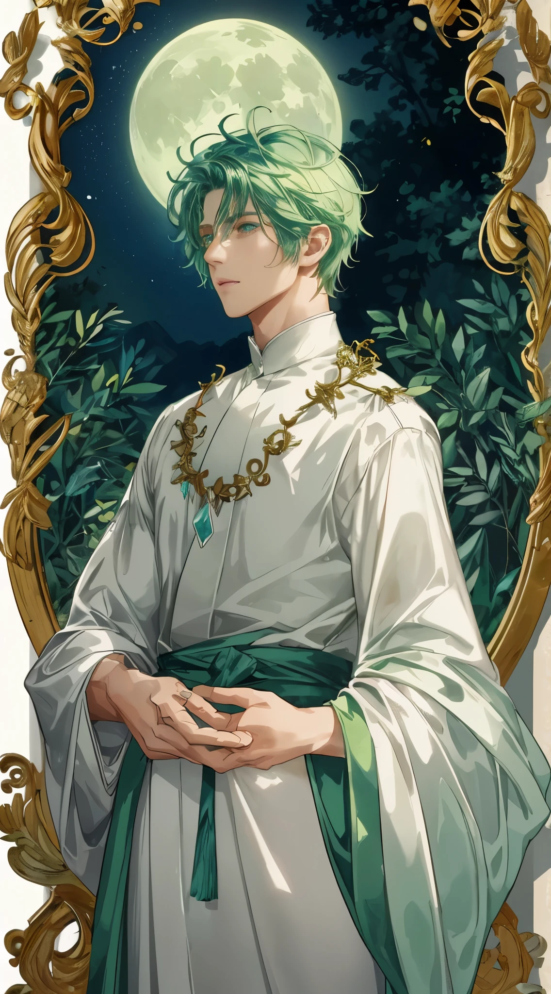 A scene on the edge of the forest on a moonlit night. A character with short green hair and white clothes stands among the trees facing the viewer. This character holds an exotic dragon that coils around his arms and seems to be an extension of himself, The soft moonlight highlights these characters, creating a mysterious silhouette, BREAK, glowing light, ultra resolution,best quality, expressive eyes, perfect face, detailed body, detailed clothes, detailed Shirt, detailed hand, detail arms, detailed fingers, detailed color, detailed anatomy, detailed promp, (hand on face:1.2), sit on chair