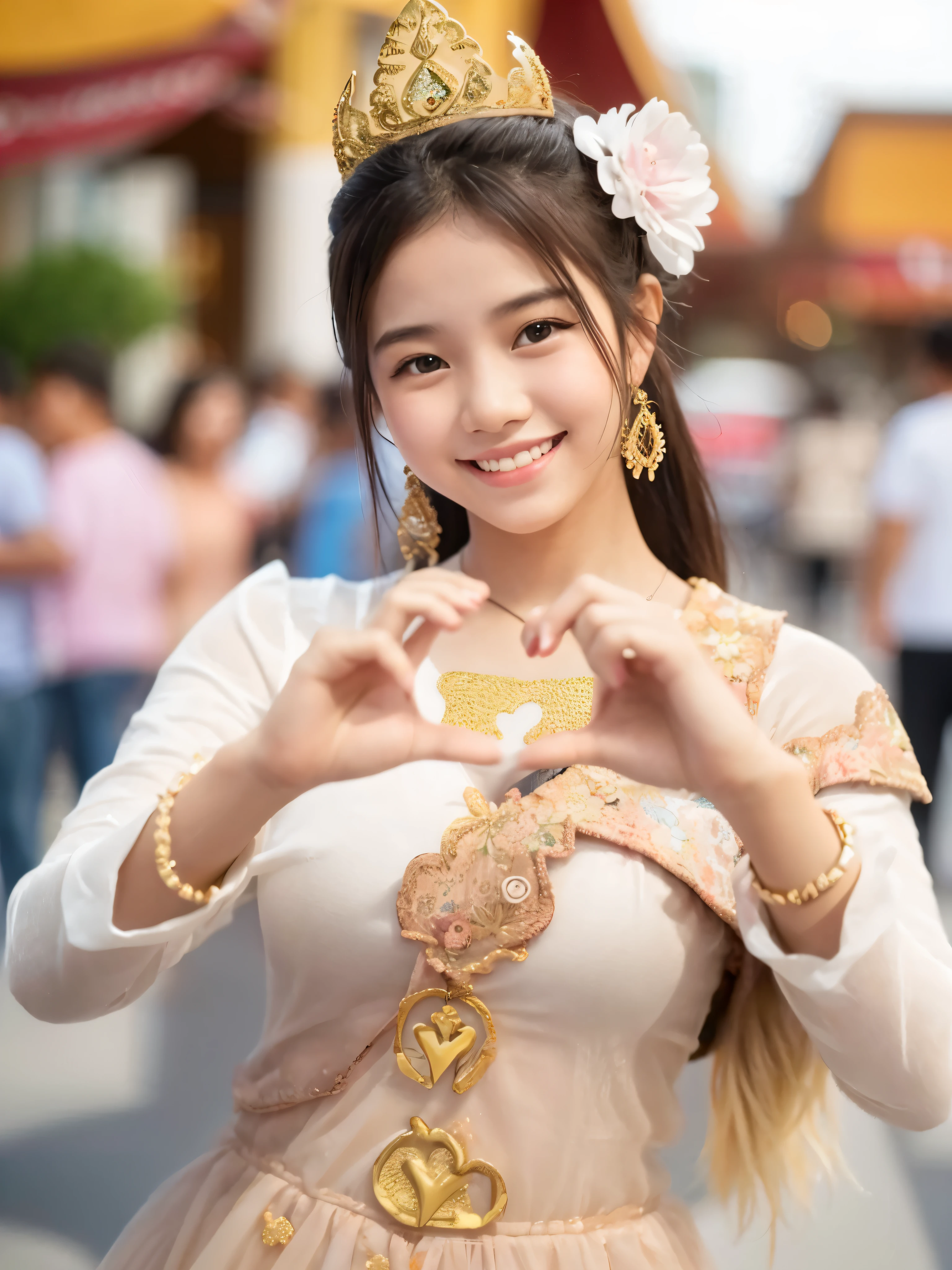 Thai girl,Smile beautifully for the camera,Dress in contemporary Thai clothing.,perfect fingers,Thumbs up in the shape of a heart