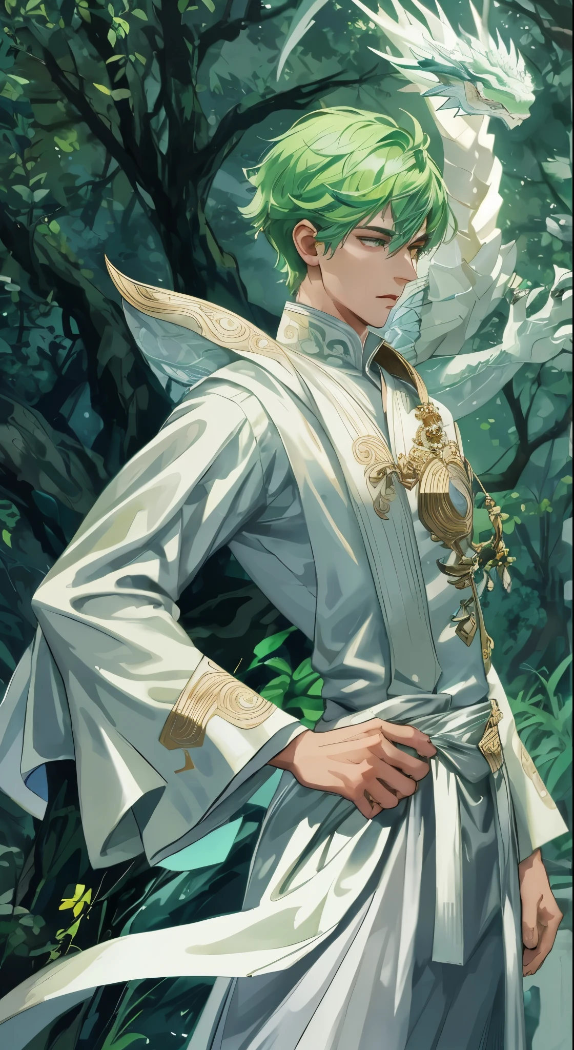 A scene on the edge of the forest on a moonlit night. A character with short green hair and white clothes stands among the trees facing the viewer. This character holds an exotic dragon that coils around his arms and seems to be an extension of himself, The soft moonlight highlights these characters, creating a mysterious silhouette,  BREAK, glowing light, ultra resolution,best quality, expressive eyes, perfect face, detailed body, detailed clothes, detailed Shirt, detailed hand, detail arms, detailed fingers, detailed color, detailed anatomy, detailed promp, detailed dragon, detailed eyes, glowing eyes, (golden eyes:0.7),