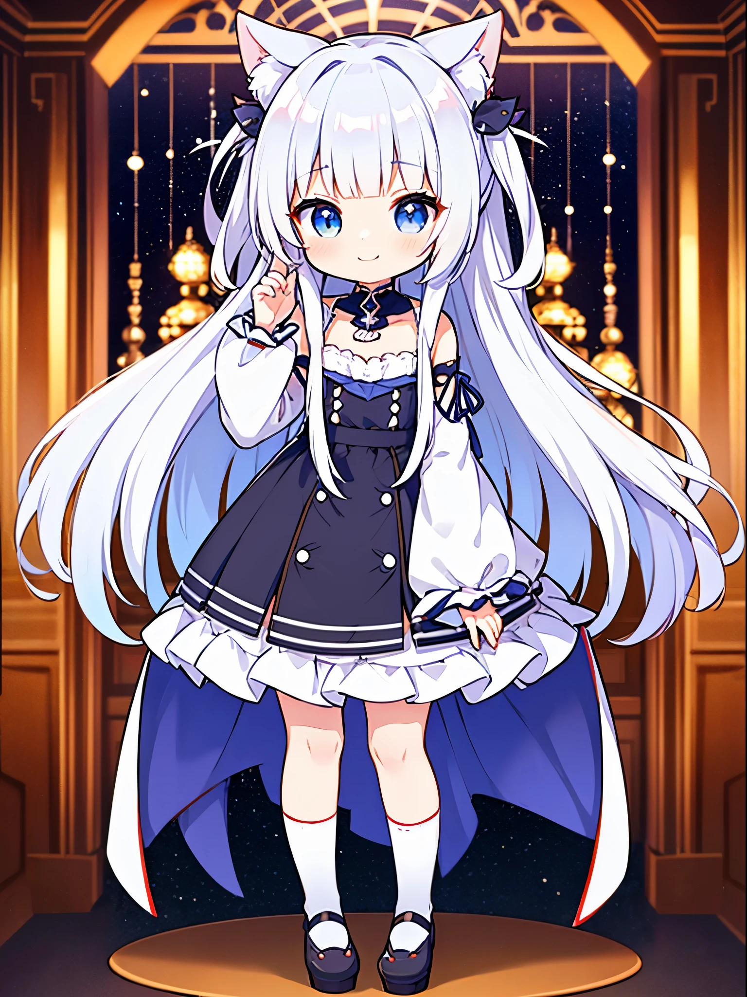 long hair anime girl、from the azur lane videogame、From Arc Night、white haired god、azur lane style、hestia、Anime visuals of cute girls、Cute anime waifu in a nice dress、characters from azur lane、little curve loli、Full body standing picture、A smile