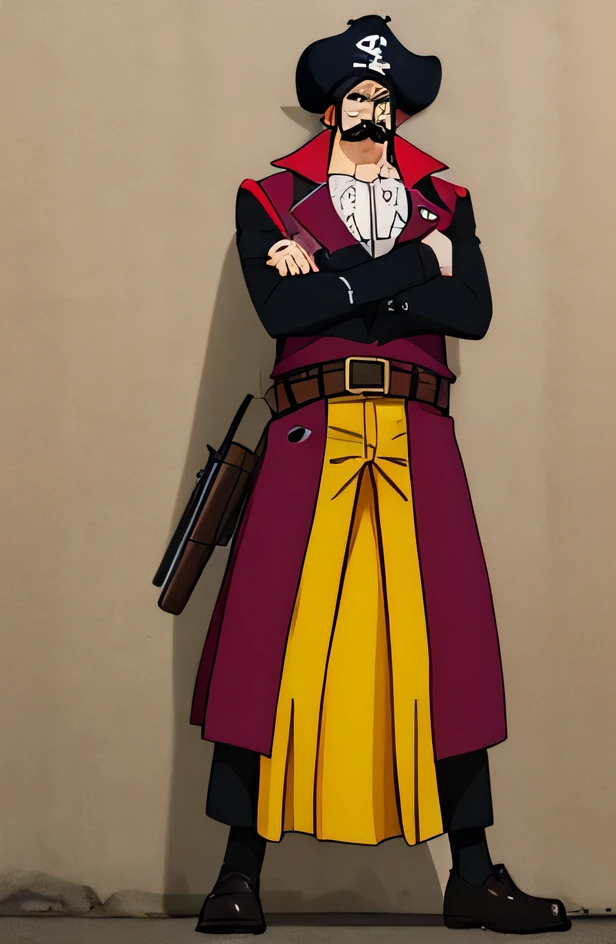 male pirate，detailedfacialfeatures，strong，Confident gaze，garlic nose，thick mustache，sharp cheekbones，With a captain's hat，Intimate shirt, Strong pectorals，Polished Black Beanie Shoes，Comes with pepper gun and utility belt，Muscular，The expression is serious，standing with arms crossed，without background