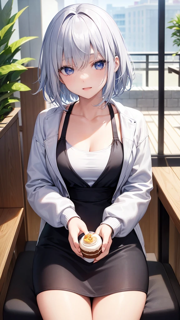 Ultra-high image quality,Look at viewers, hands behind back, girl with, 20 years old, Very short hair, long bangs between eyes, blue eyess,Black eyes, Hoodie, Skirt , Extremely detailed,(​masterpiece、top-quality),White hair、A smile、Fantastical, Silver hair,,  Hoodie, White hoodie,a black skirt,Hair is short,White jacket, Casual style,Open jacket, , look down from above、open open mouth、5 fingers、sit a chair、Dining at the café、eating cakes、collarbone visible