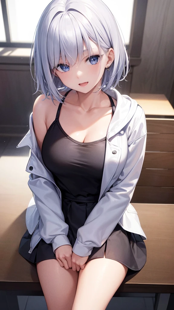 Ultra-high image quality,Look at viewers, hands behind back, girl with, 20 years old, Very short hair, long bangs between eyes, blue eyess,Black eyes, Hoodie, Skirt , Extremely detailed,(​masterpiece、top-quality),White hair、A smile、Fantastical, Silver hair,,  Hoodie, White hoodie,a black skirt,Hair is short,White jacket, Casual style,Open jacket, , look down from above、open open mouth、5 fingers、sit a chair、Dining at the café、eating cakes、collarbone visible