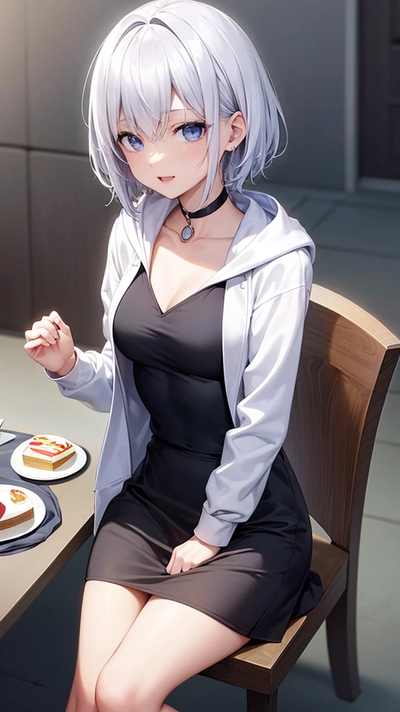 Ultra-high image quality,Look at viewers, hands behind back, girl with, 20 years old, Very short hair, long bangs between eyes, blue eyess,Black eyes, Hoodie, Skirt , Extremely detailed,(​masterpiece、top-quality),White hair、A smile、Fantastical, Silver hair,,  Hoodie, White hoodie,a black skirt,Hair is short,White jacket, Casual style,Open jacket, , look down from above、open open mouth、5 fingers、sit a chair、Dining at the café、eating cakes、collarbone visible