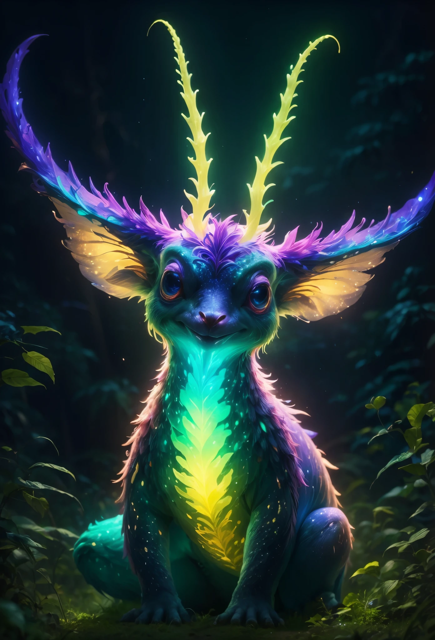 (tmasterpiece: 1.5), ((a giant glowing creature))，(Bio-luminescence)，irridescent，Out of this world，aethereal，uv，semi transparent，wild animals，naturey，mistic，big breasts beautiful，ambiente dark，magical，creature design，A high resolution，8k，ultra - detailed，lamplight，Physical rendering，vibrant with colorackground bokeh，Multi-color tones，softlighting，Pulsating light，(full bodyesbian)，(head to toe)，(Faraway view),
