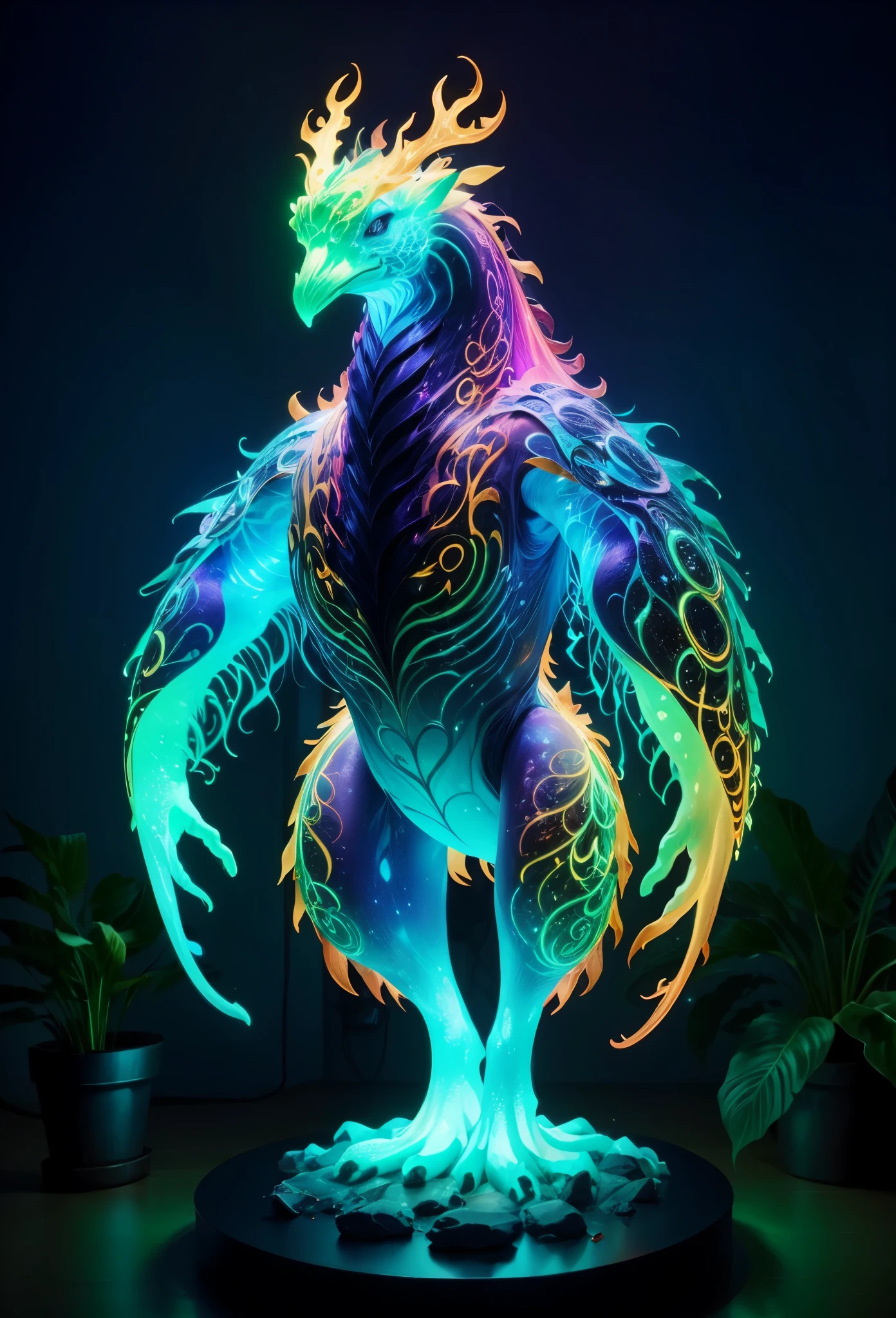 (tmasterpiece: 1.5), ((a giant glowing creature))，(Bio-luminescence)，irridescent，Out of this world，aethereal，uv，semi transparent，wild animals，naturey，mistic，big breasts beautiful，ambiente dark，magical，creature design，A high resolution，8k，ultra - detailed，lamplight，Physical rendering，vibrant with colorackground bokeh，Multi-color tones，softlighting，Pulsating light，(full bodyesbian)，(head to toe)，(Faraway view)