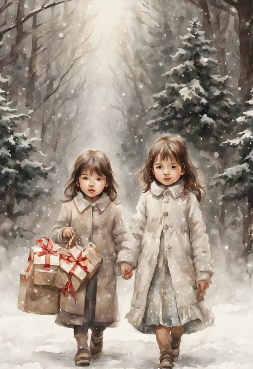 Delicate watercolor painting, An ultra beautiful -year-girl ks through the snow and carries a small teddy bear in her hands next to lights decorated with New Year&#39;s gifts and Christmas trees., digital-art, Pixel study, higly detailed, Gentle sensuality, intricate details, elegant, aesthetic, lineout, surrealism, Realistic, hiquality, hyper-detailing, professionally, Filigree, overdetalization, hyper realisitc, beautiful forest background.