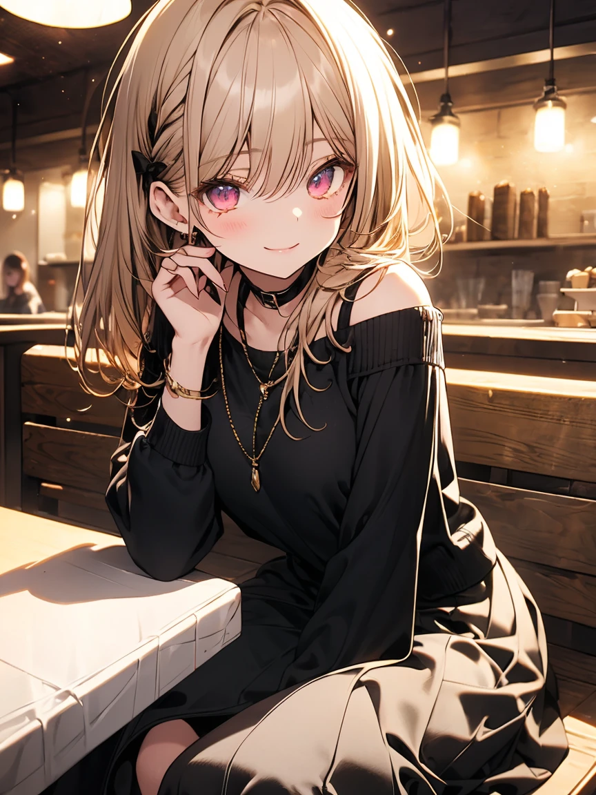 masterpiece, absurdres, best quality, ultra detailed, high Resolution, detailed illustration, extremely beautiful detailed face and eyes, bright colour, 1girl, (loli), cute face, Delicate beautiful face, magenta eyes, cute eyes, sparkling eyes, big eyes, medium breasts, (perky breasts:1.1), (pointy breasts:1.1), medium hips, glamorous body, white skin, smile, BREAK, long bob cut, (blonde hair:0.8), messy hair, detailed hair, shiny hair, BREAK off shoulder sweater, long skirt, tiny ribbon, restaurant, eating shortcake, real world, natural lights, perfect lighting,