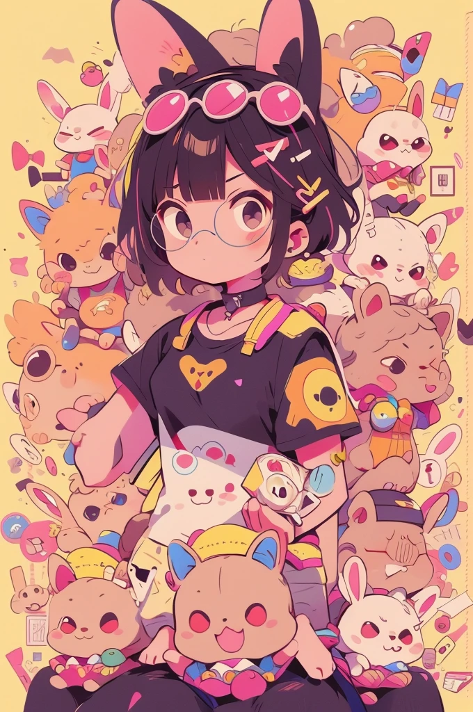adorable rabbit，sun glasses，Wearing TS shirt，Emoticon pack，9 emojis，emoji sheet of，multiple postures and expressions，anthropomorphic styles，differentemotions，multiple postures and expressions，8k