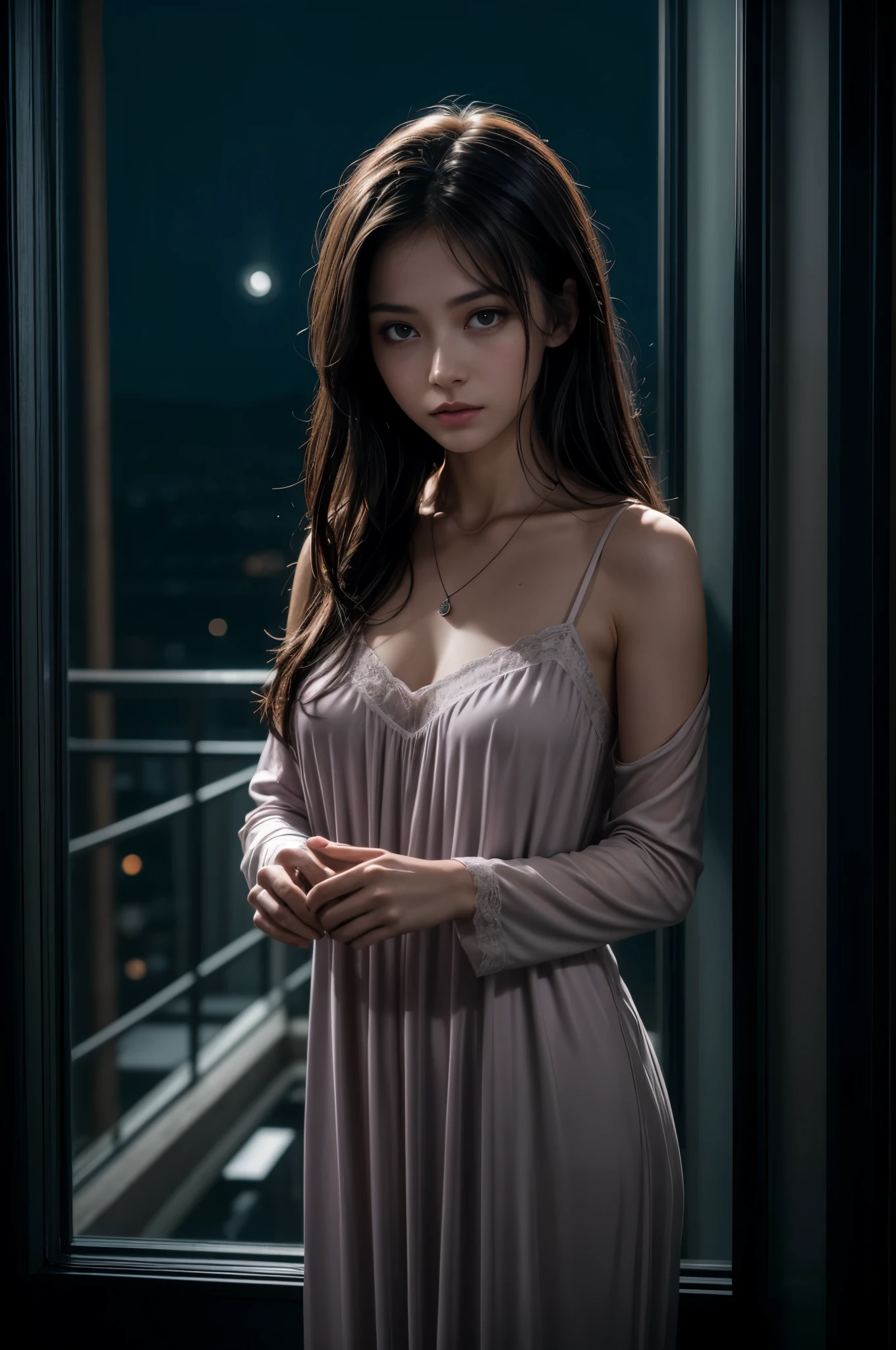 (Photoreal Stick:1.5, masutepiece:1.5, 8K), (top-quality, masterpiece, 超A high resolution), Perfect dynamic composition, Professional camera work:1.4, Highly detailed skin and facial texture:1.3, Mystical portrait:1.3, Grow Light Effect, The ultra-detailliert, 1girl in, ((Night view from inside the building, Pitch black room:0.9, The moonlight at night shines through the glass)), (Light blue nightgown), Model body type, Clear face, (Beautiful and seductive eyes:0.9, Enraptured look:1.0, i love you completely:0.8, A mouthfeel that feels beautiful eros:0.7), (Wet dark brown medium hair), the chest is medium, candles, a necklace, (Leaning against the window, Sit up), ((seductiv))