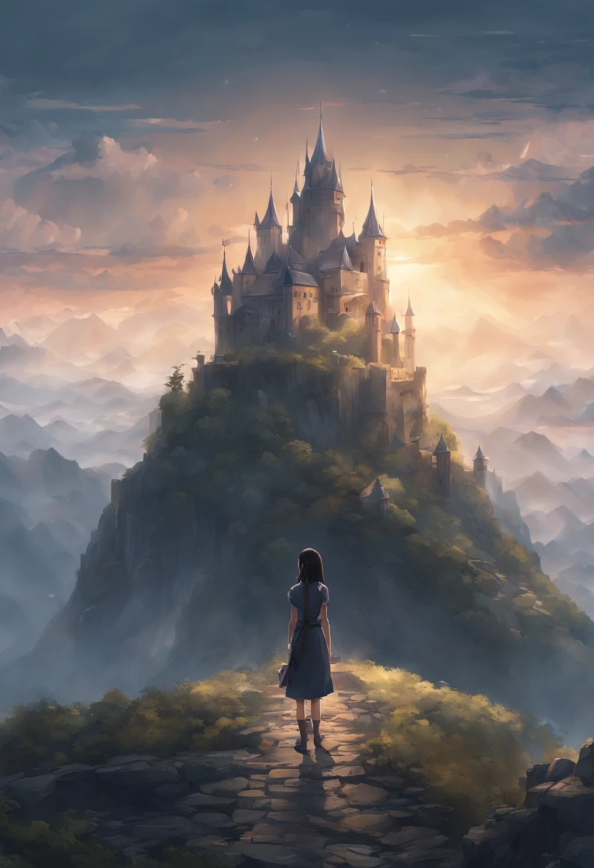 a dark haired girl stands in front of a castle on a mountain, light fantasy artwork, fantasy art, fantasy style art, detailed fantasy digital art, a makoto shinkai art style, mystical fantasy, misty kingdom,