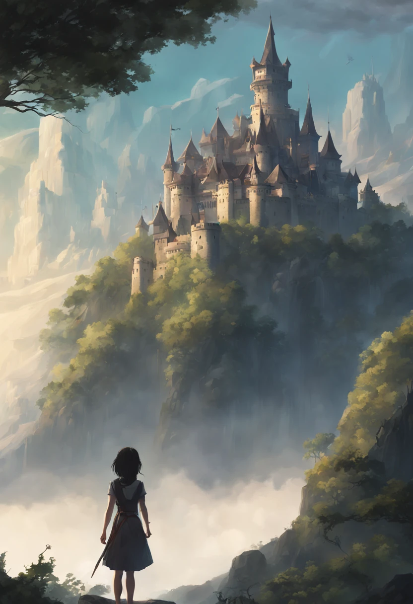 a dark haired girl stands in front of a castle on a mountain, light fantasy artwork, fantasy art, fantasy style art, detailed fantasy digital art, a makoto shinkai art style, mystical fantasy, misty kingdom,