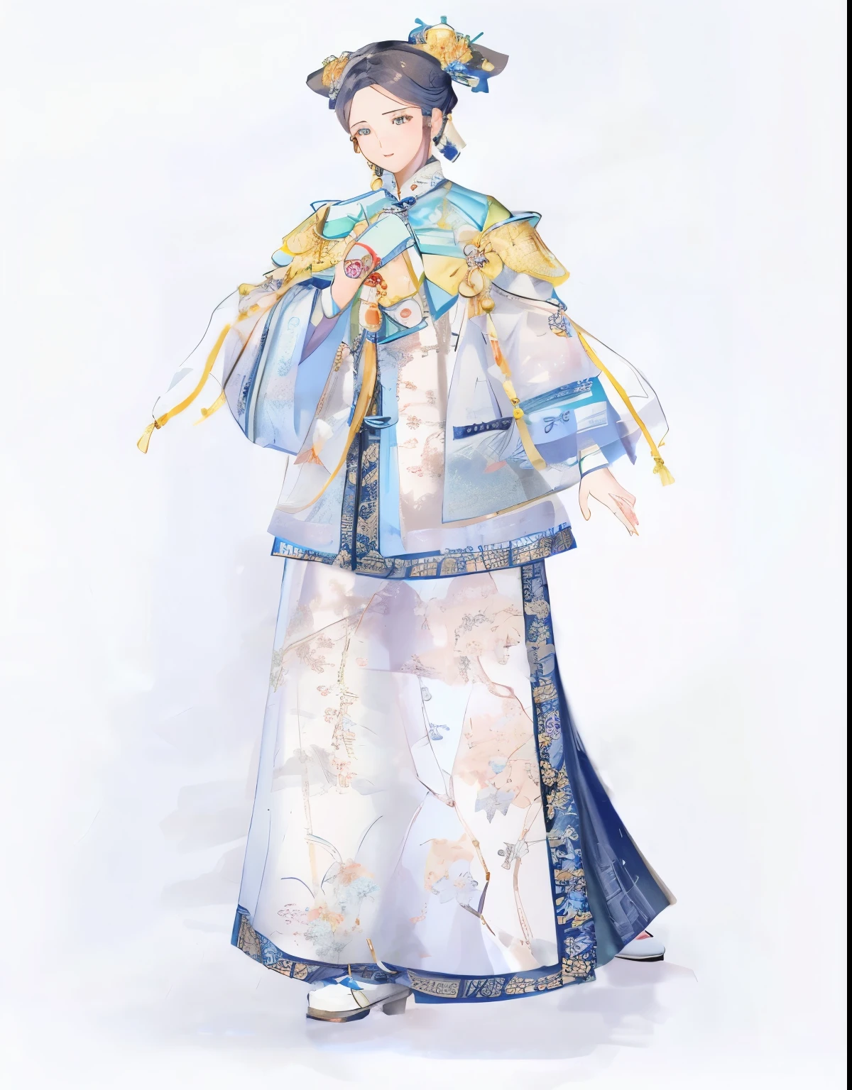 Drawing of a woman in a blue and white dress, 宮 , A girl in Hanfu, Inspired by Guo Xi, full body xianxia, Chinese outfit, Inspired by Qiu Ying, Imperial royal elegant clothing, Intricate clothing design, Inspired by Zhibai, Outfits with blue accents, Inspired by Zhan Ziqian, wearing ornate silk clothes
