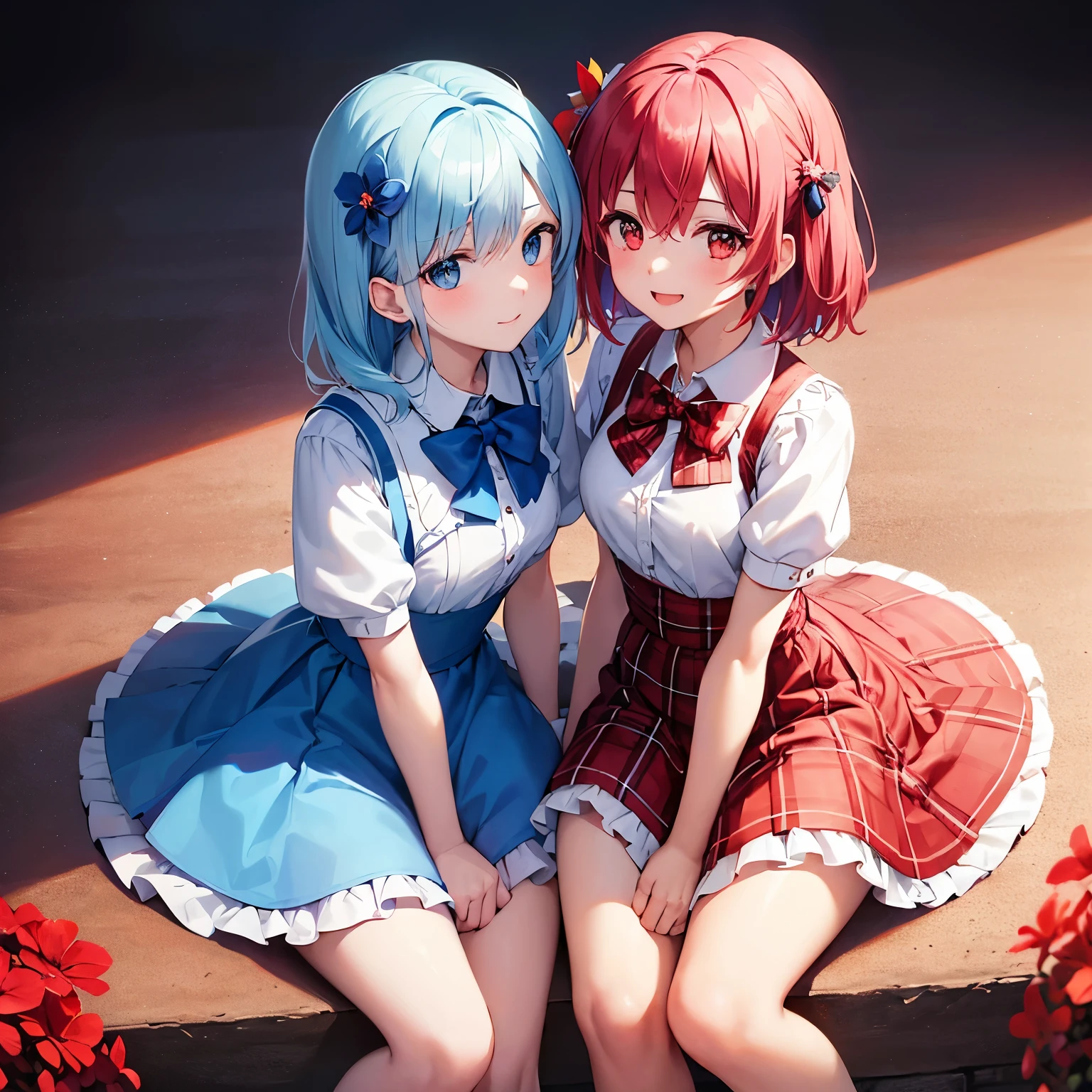 one girls、animations、Colorful tones、short-hair、pale blue hair、brue eyes、(Plain white shirt)、(red bowtie)、(Red plaid skirt)、Black stockings、A smile、red tide、hightquality、best qualtiy、holding flower bouquet、Sitting Pétain、Vibrant flower field background、rainbows