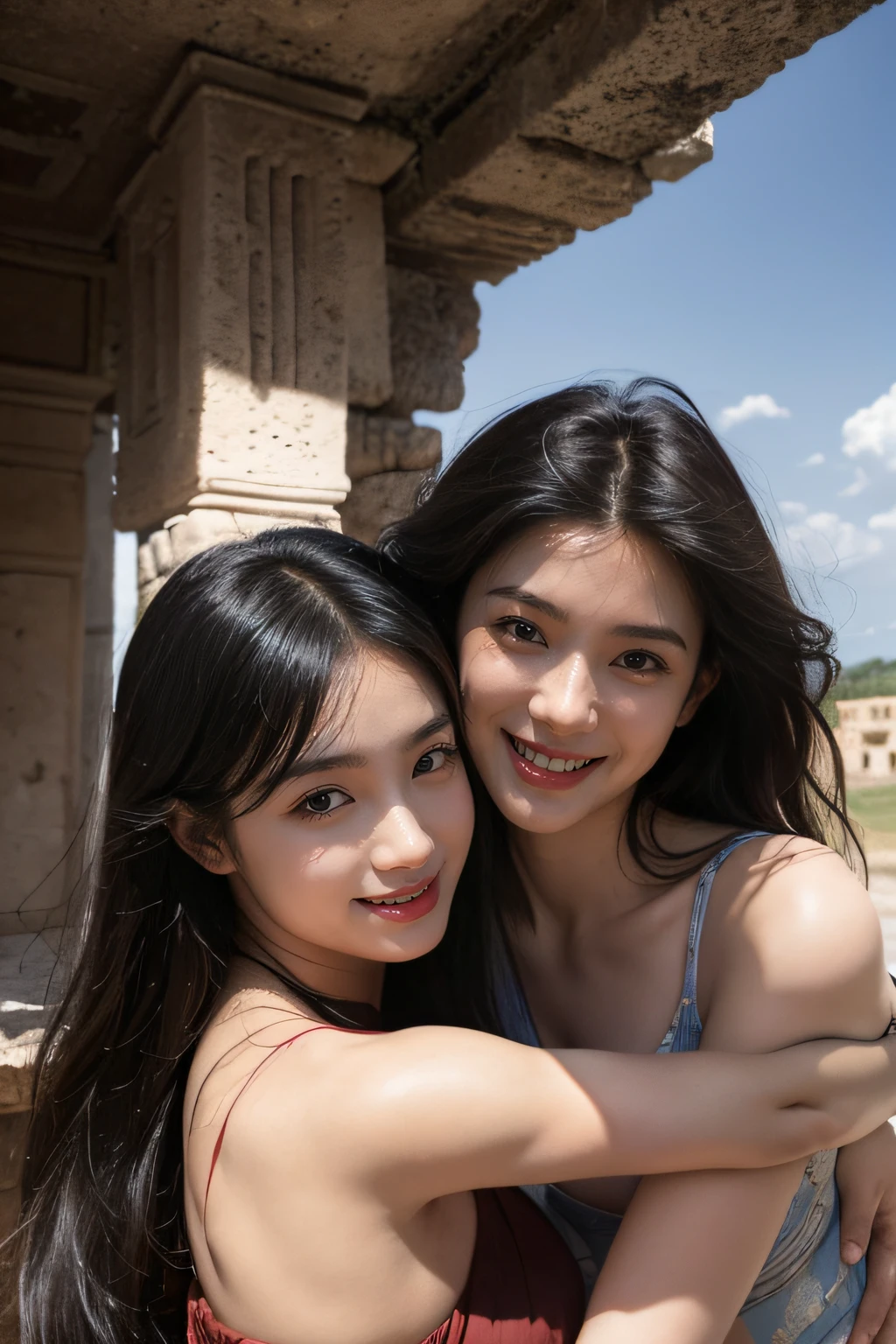 Ancient Roman landscape in the style of Nicolas Poussin,A smile,,Sweet and seductive appearance.、Caravaggio's paintings、Chiaroscuro of Caravaggio、Hair disheveled in the wind,Two women frolicking,Cute smile, Expression of ecstasy,A sexy,erotick