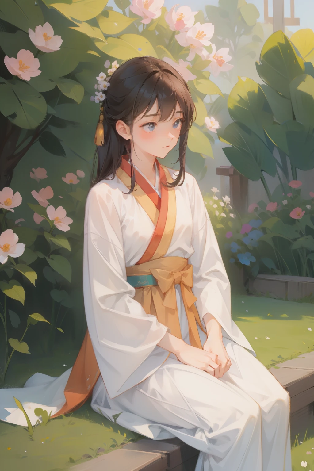 (masterpiece), (best quality), 1girl, 20 years old, Hanfu, Chinese traditional clothes, sitting, in the garden, spring, flowers