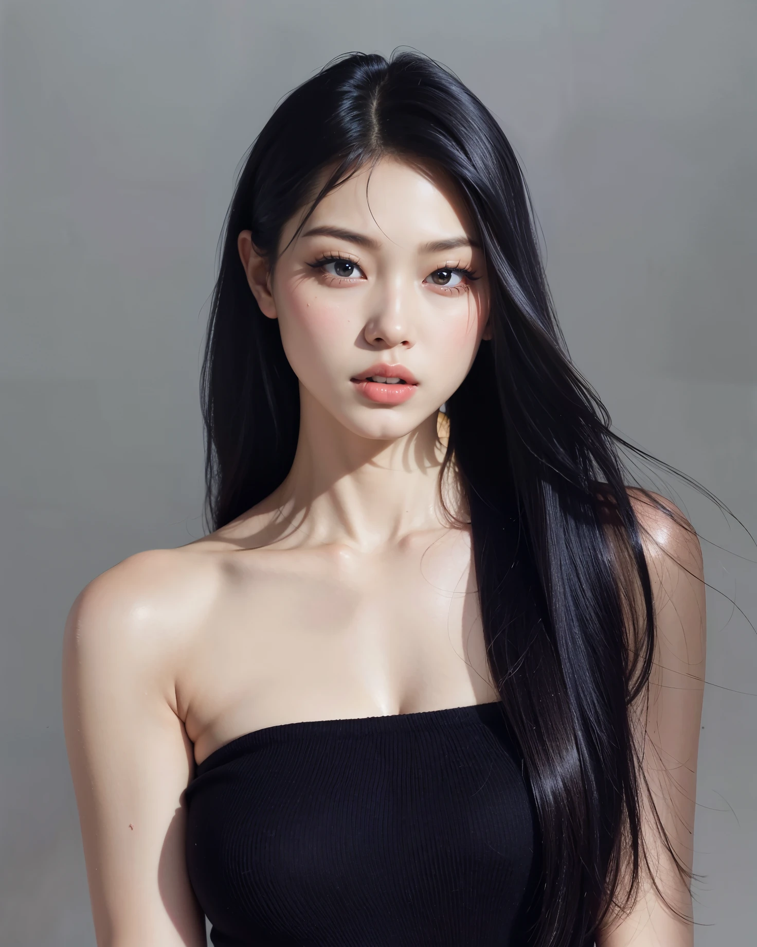((Highest quality, 8K, Tabletop)), Beautiful woman with perfect body, Slim abdomen, Black long dress, whole body, (length), (Straight Hair), Highly detailed face and skin texture, Fine grain, double eyelid