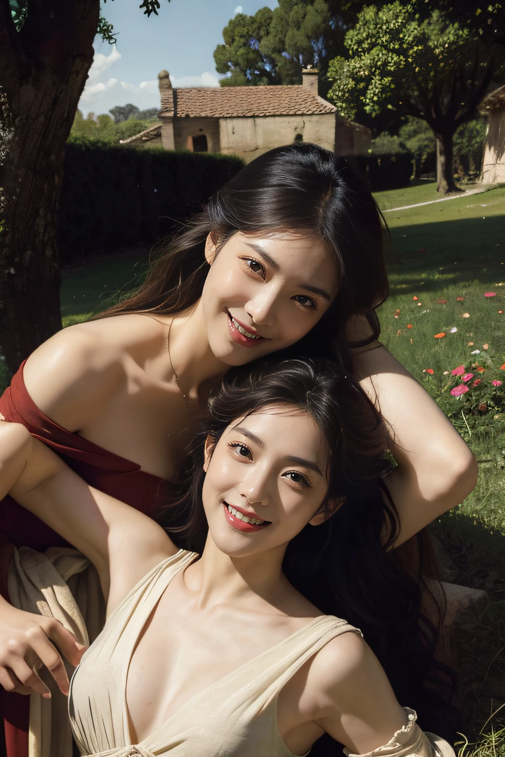 Ancient Roman landscape in the style of Nicolas Poussin,A smile,,Sweet and seductive appearance.、Caravaggio's paintings、Chiaroscuro of Caravaggio、Hair disheveled in the wind,Two women frolicking,Cute smile, Expression of ecstasy,A sexy,erotick