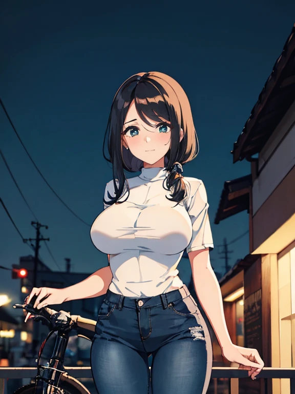 MASHIROTOUKO, BLACK HAIR, LOW TWINTAILS, HAIR OVER SHOULDER, HAIR RIBBON, BLUNT BANGS, LONG HAIR, BLACK EYES, 1girl, solo, large breasts., empty eyes , nipple, Expressway, Riding a bike