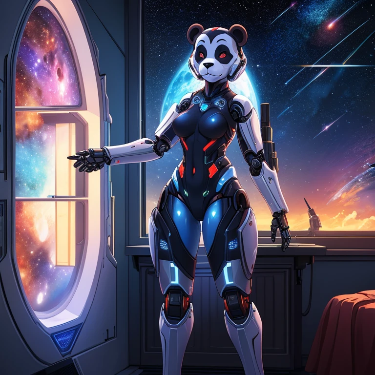 female, furry, metallic, robotic, android, robotic limbs, anthro, panda, no clothes, small breasts, thin body, curved thighs, standing in bedroom , legs spread, in front of window, science fiction, stars, galaxy, star ships, at night, dim light, high quality, masterpiece,
