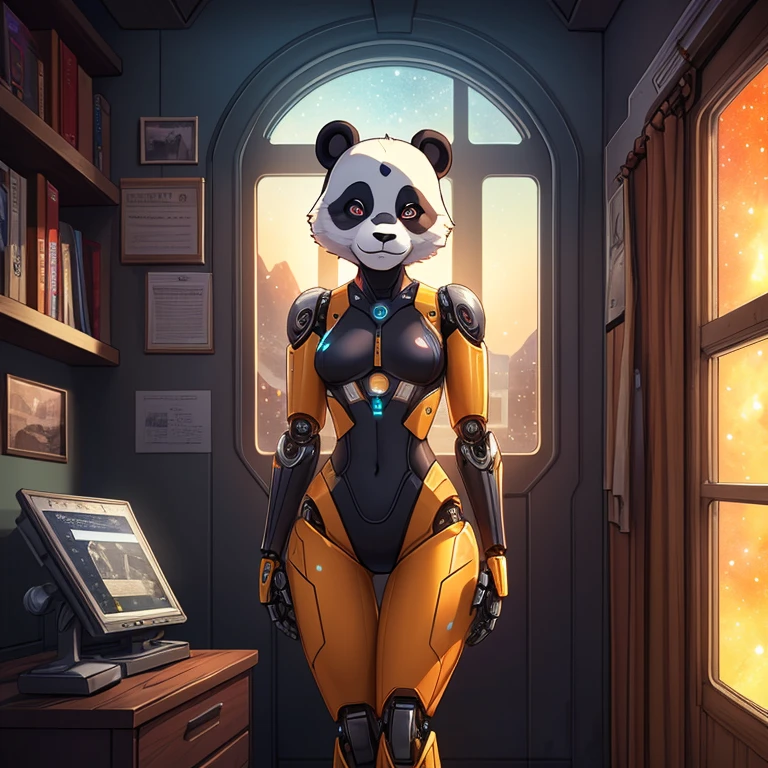 female, furry, metallic, robotic, android, robotic limbs, anthro, panda, no clothes, small breasts, thin body, curved thighs, standing in bedroom , legs spread, in front of window, science fiction, stars, galaxy, star ships, at night, dim light, high quality, masterpiece,