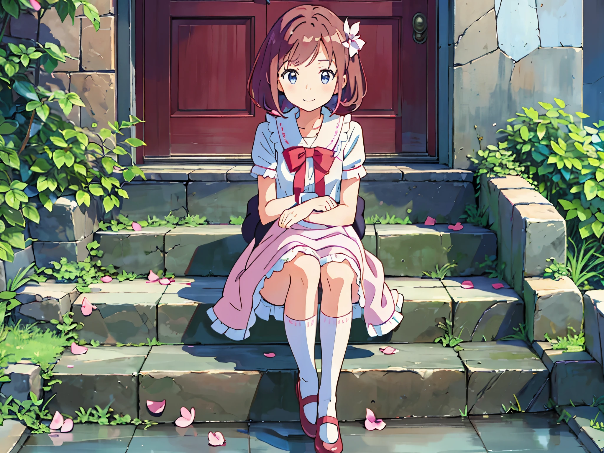 1 skinny girl,solo,SakuraNS树下,falling flower petals,Anime manga girl, pixiv, loli in dress, anime change, cute anime, cute anime girl, Curvy little loli, Anime visuals of a cute girl, cute anime, Anime cute art style, cute anime style,extremely detremely detailed CG,8k wallpaper,straightforward girl,12year old,Thin eyebrows,ssmile,Pink hair,Tie twisted braids behind ears,Short hair details,Qi bangs,ssmile,sitting on stone steps,SakuraNS,Mary Jane shoes,whitestocking