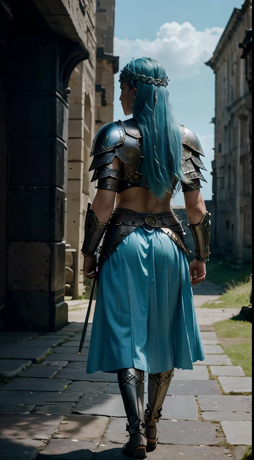 Full body portrait, Boudicca with light blue hair, 60AD, Celtic armor, Scottish armor, year 60AD armour, queen of the Celts, back view, walking towards roman army, strong warrior woman, cinematic, ultra detailed, beautiful body, visually rich, concept art, luminous, intricate details, subtle colors, extremely detailed, ultra sharp focus, light particles, attention to detail, grandeur and awe, stunning visual masterpiece, double exposure, 32k, photorealistic, strong outlines, cinematographic scene, highest quality