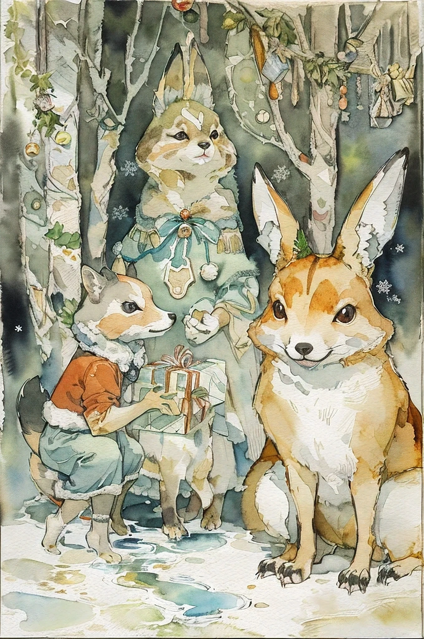 （Egon Schiele）(Wonderland）Friends of the Forest (Rabbit, a bear, Fox, Cat, Dog, squirrel, and the woodpecker)  It&#39;s Christmas. fir tree decorated with ornaments、shines with light. The girls also participated in the gift exchange and everyone looked happy.. a cake, turkey and white christmas.(Ink on Japanese paper, Bleeding easily)(Contemporary art like a picture book) (Transparent watercolor) (The light itself is realistically expressed.) (Soft layer, Rich colors) (Shade of paint thinly dissolved in water) (Deep, deliCate colors)