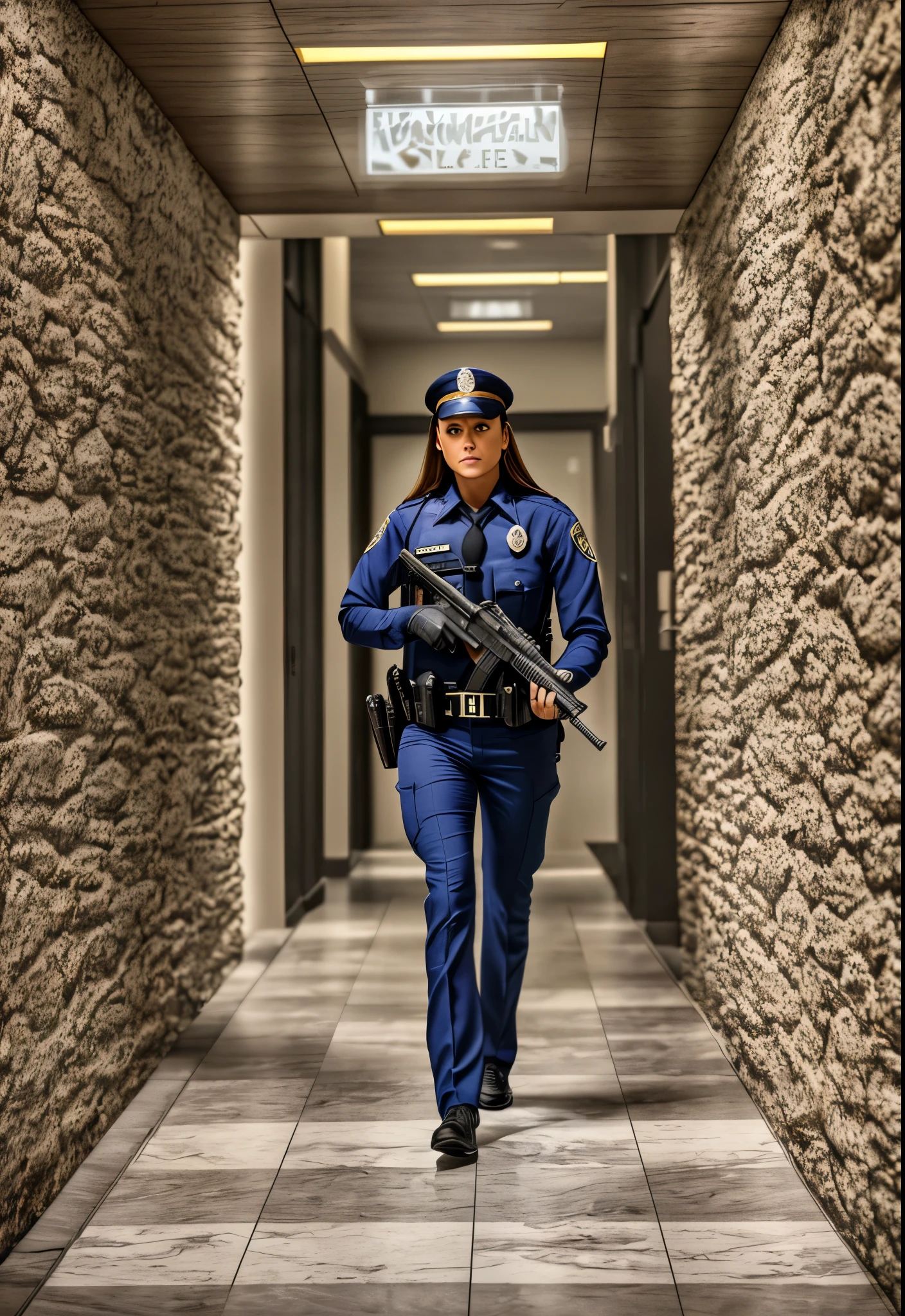 an image of Officer Sarah Thompson of the Willow Creek police department, a beautiful brunette slipping into the bank through a discreet back entrance, , masterpiece, best quality, photorealistic, cinematic lighting, dark atmosphere, volumetric lighting,Use a 16:9 aspect ratio --auto --s2