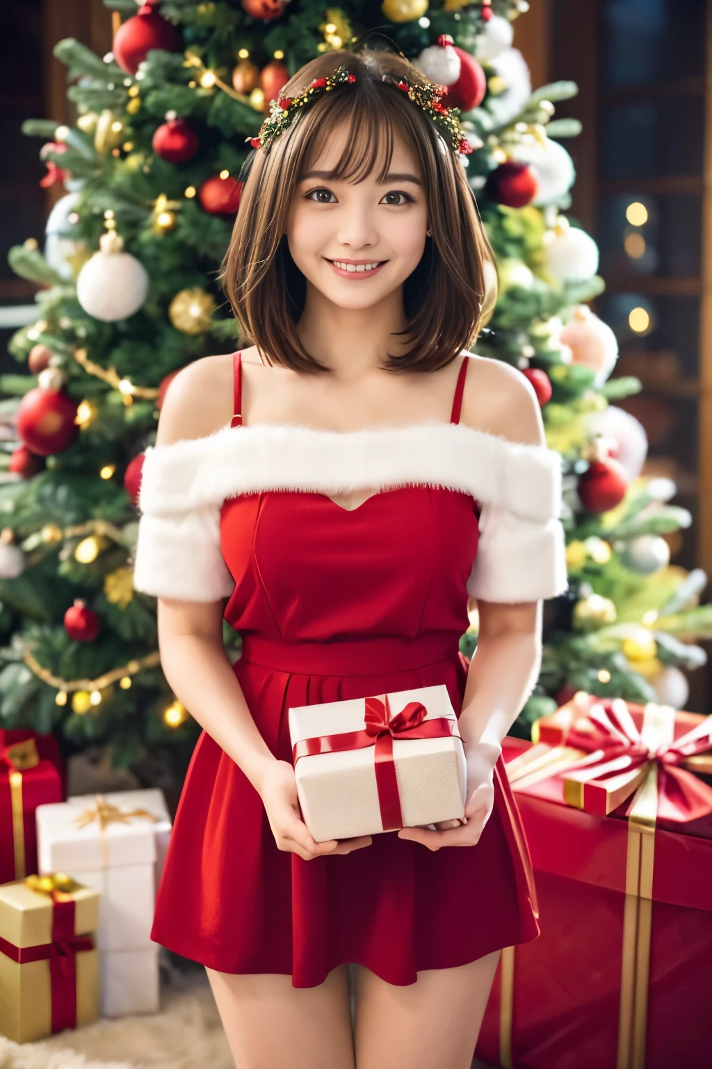 (((masterpiece))), 超A high resolution, Realistic, ultra-detailliert, 8K,top-quality, Extremely detailed, Detailed background,in 8K、life-like、((1 persons))、 (Japan beautiful girl, Pure and innocent,kawaii, 14years) ,A slender,very beautiful japanese girl、(Boyish short-haired :1.4),gorgeous white ruffle lace dress、正確な指Beautiful collarbone,Detailed face:1.3), (a baby face,kawaii系,愛くるしい14years), (Perfect body:1.1),thin shoulders,laugh very loud,Face the front with a smile,appreciate、Beautiful collarbone,thin arm,((accurate hands without incongruity,Precise feet without discomfort))、Bright interior、Christmas atmosphere、Warm fireplace,Happy Space,Holding gifts